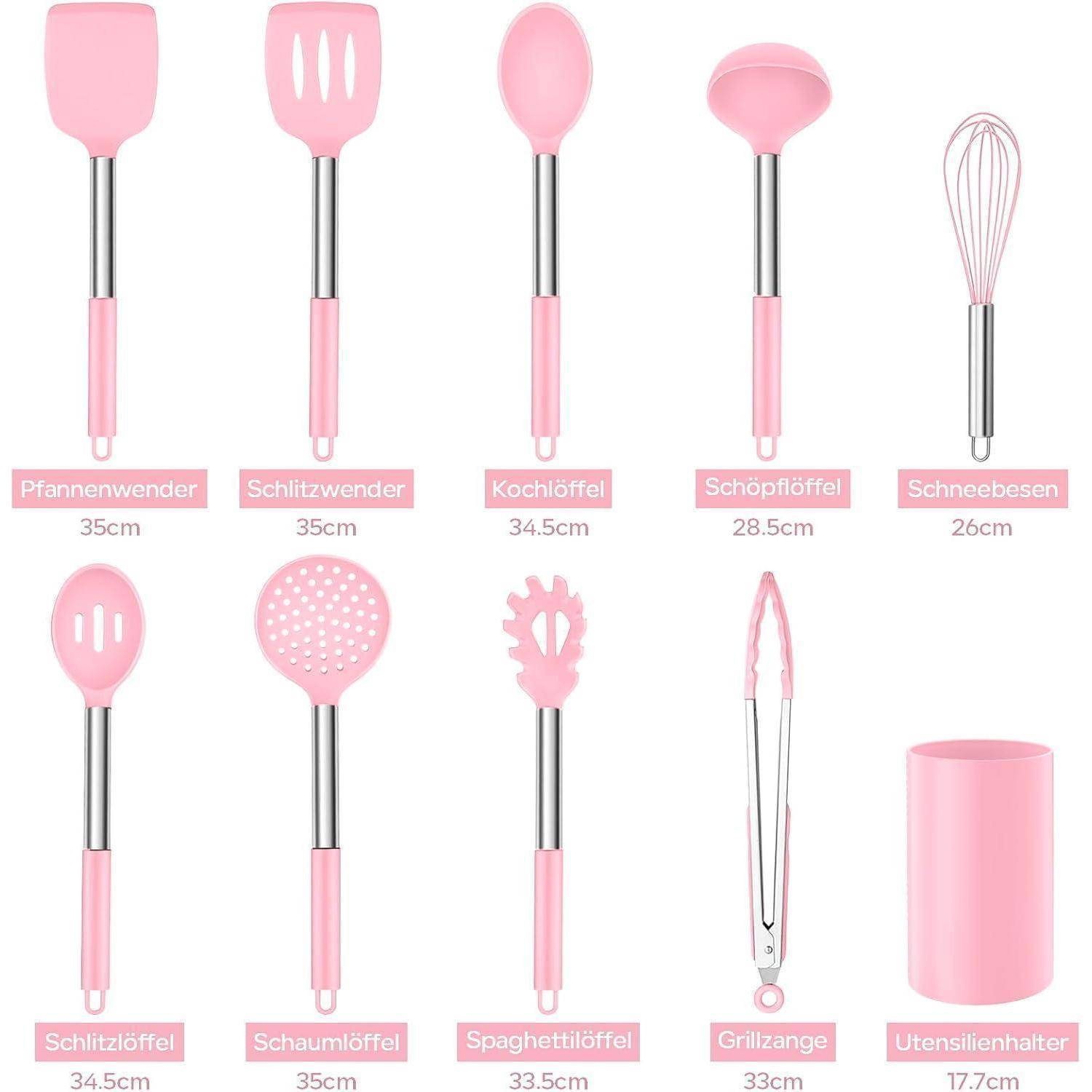 Ein Set rosa Küchenutensilien: Pfannenwender, gelochter Turner, Rührlöffel, Schöpfkelle, Schneebesen, Schaumlöffel, Schaumkelle, Spaghettiheber, Zange, Utensilien-Halter.