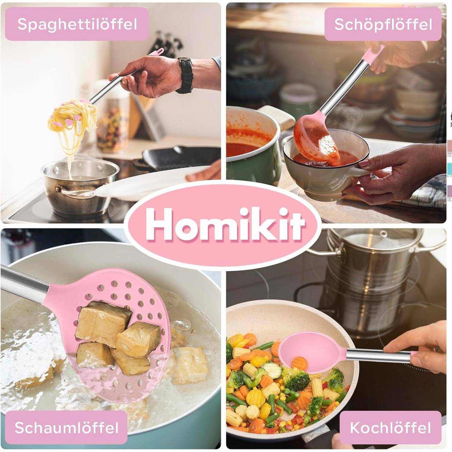 Vier Küchenutensilien werden mit rosa Hervorhebungen gezeigt: 'Spaghettilöffel' beim Abtropfen von Pasta, 'Schöpfkelle' beim Servieren von Suppe, 'Schaumlöffel' beim Kochen von Tofu, 'Kochlöffel' beim Rühren von Gemüse.