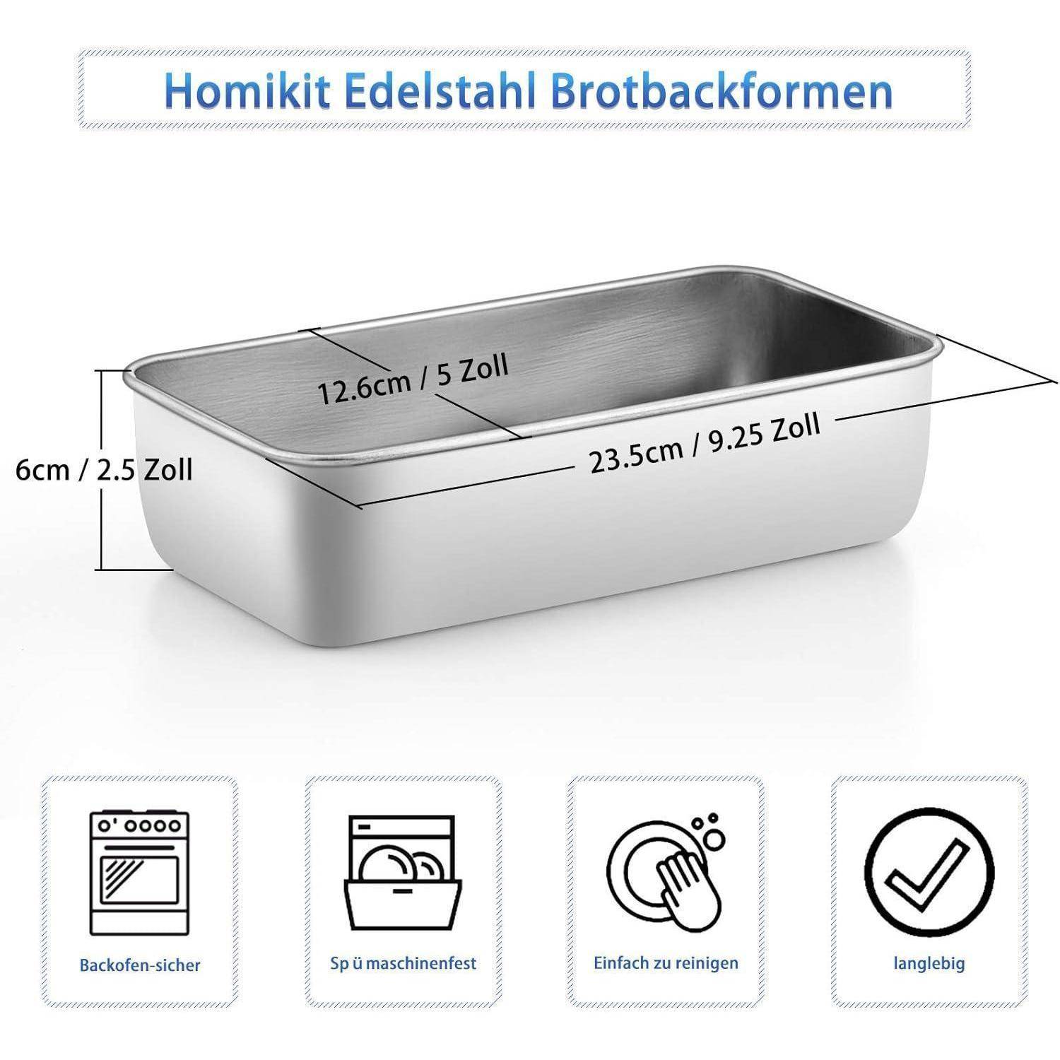 Antihaftende Brotbackform mit beschrifteten Abmessungen von 23,5 cm x 12,6 cm. Eigenschaften umfassen Ofenbeständigkeit, Spülmaschinenfestigkeit, leichte Reinigung und Langlebigkeit.