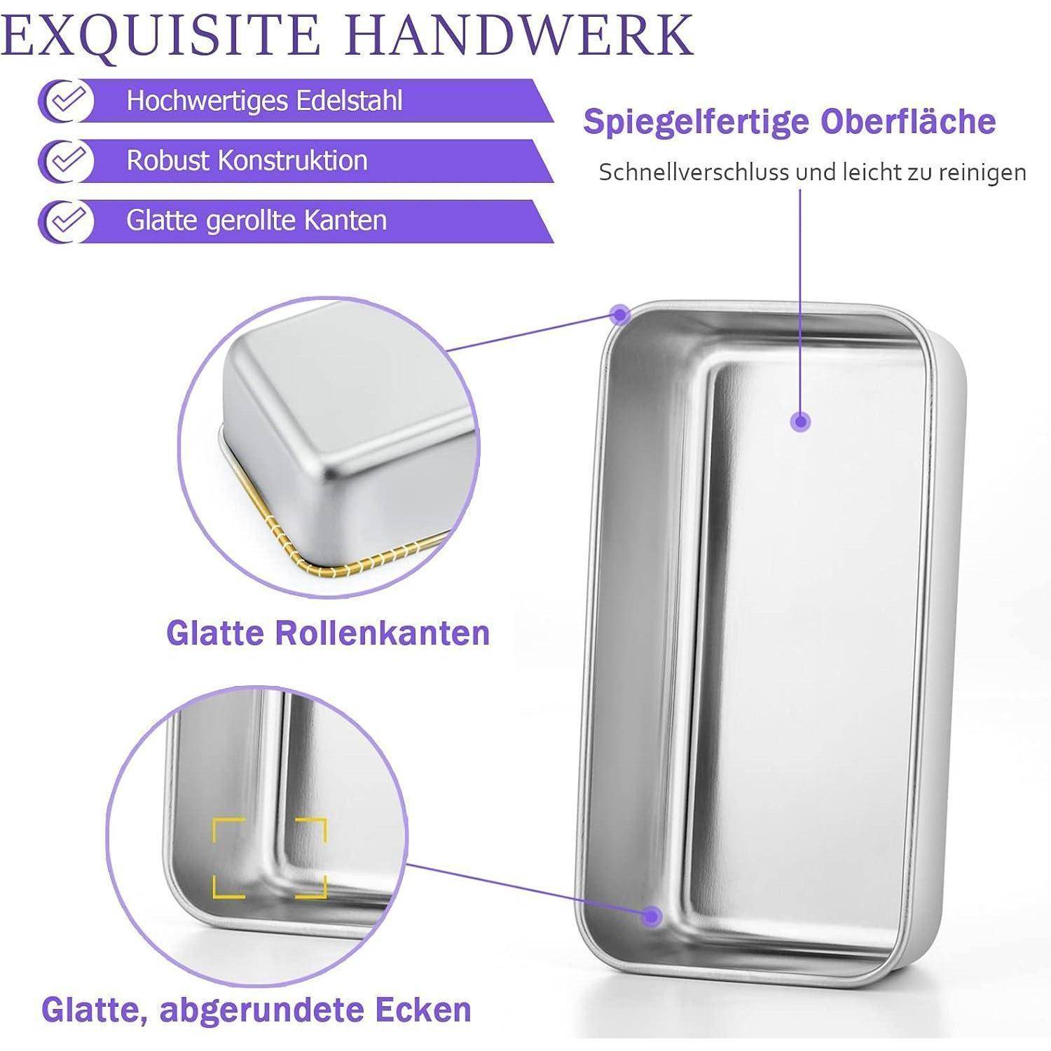 Die Abbildung zeigt ein Metalltablett mit in Deutsch beschrifteten Merkmalen: „Hochwertiges Edelstahl