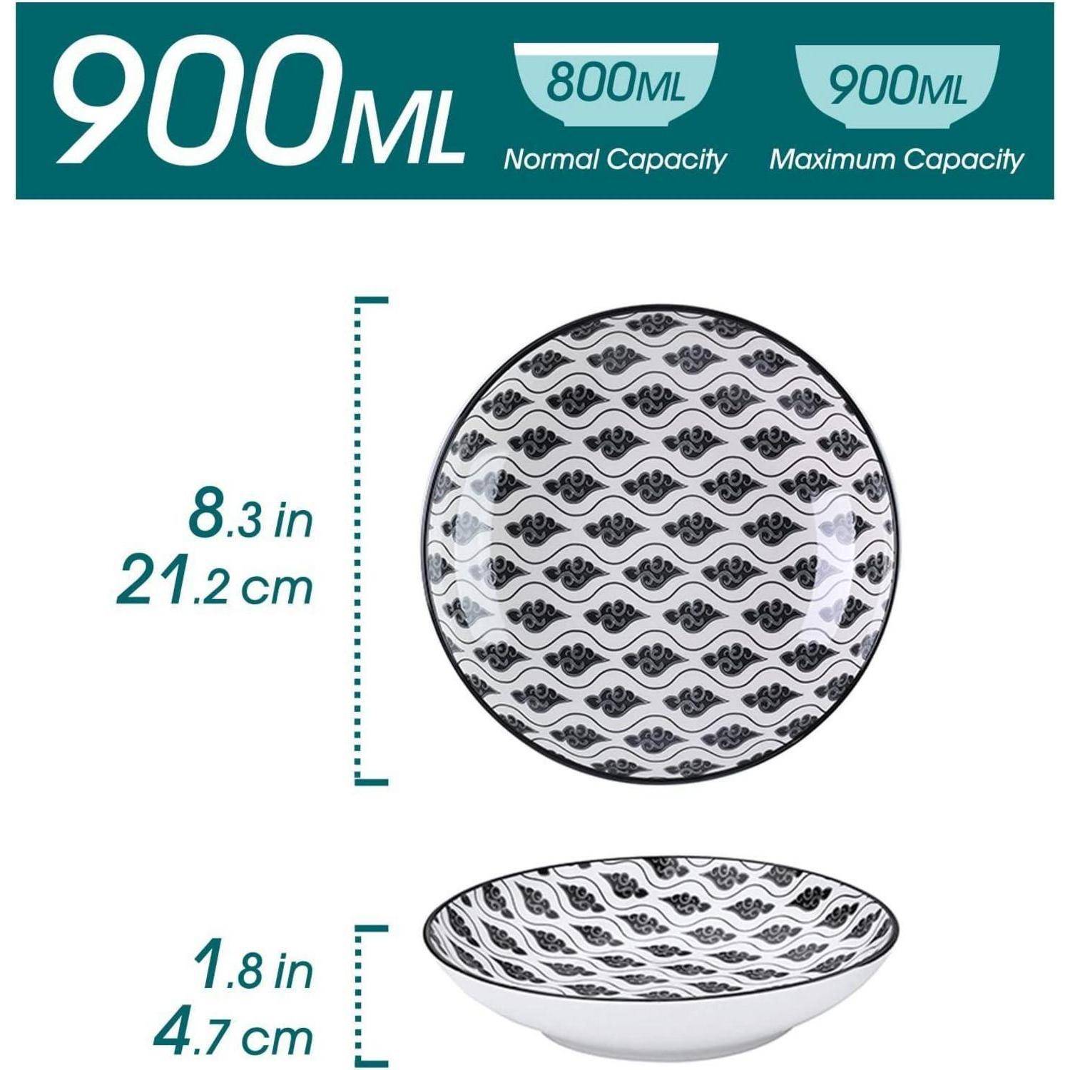 Teller mit schwarzem Wellenmuster fasst 900 ml, misst 8,3 Zoll bzw. 21,2 cm im Durchmesser, 1,8 Zoll bzw. 4,7 cm in der Höhe; normale Fassungsmenge von 800 ml.