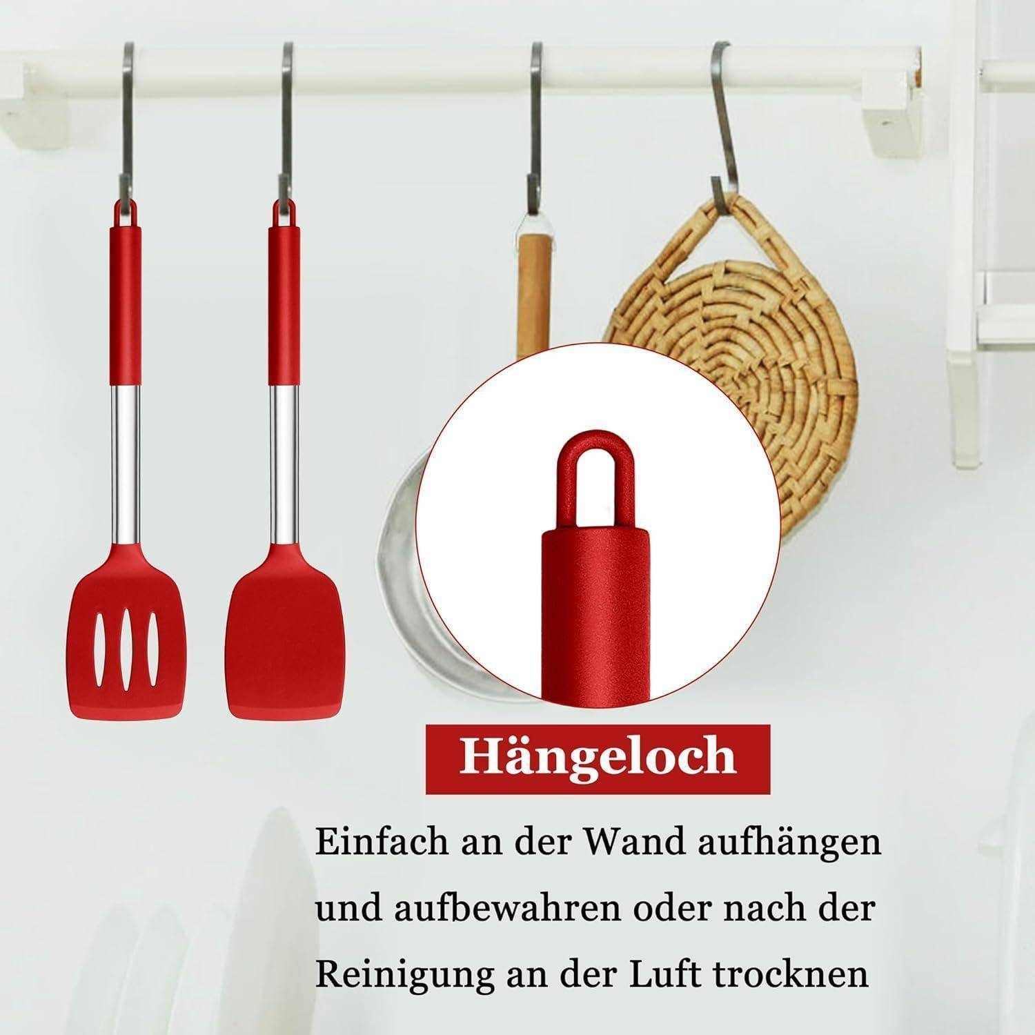 Pfannenwender Set Silikon Edelstahlgriff Spülmaschinenfest Rot 2