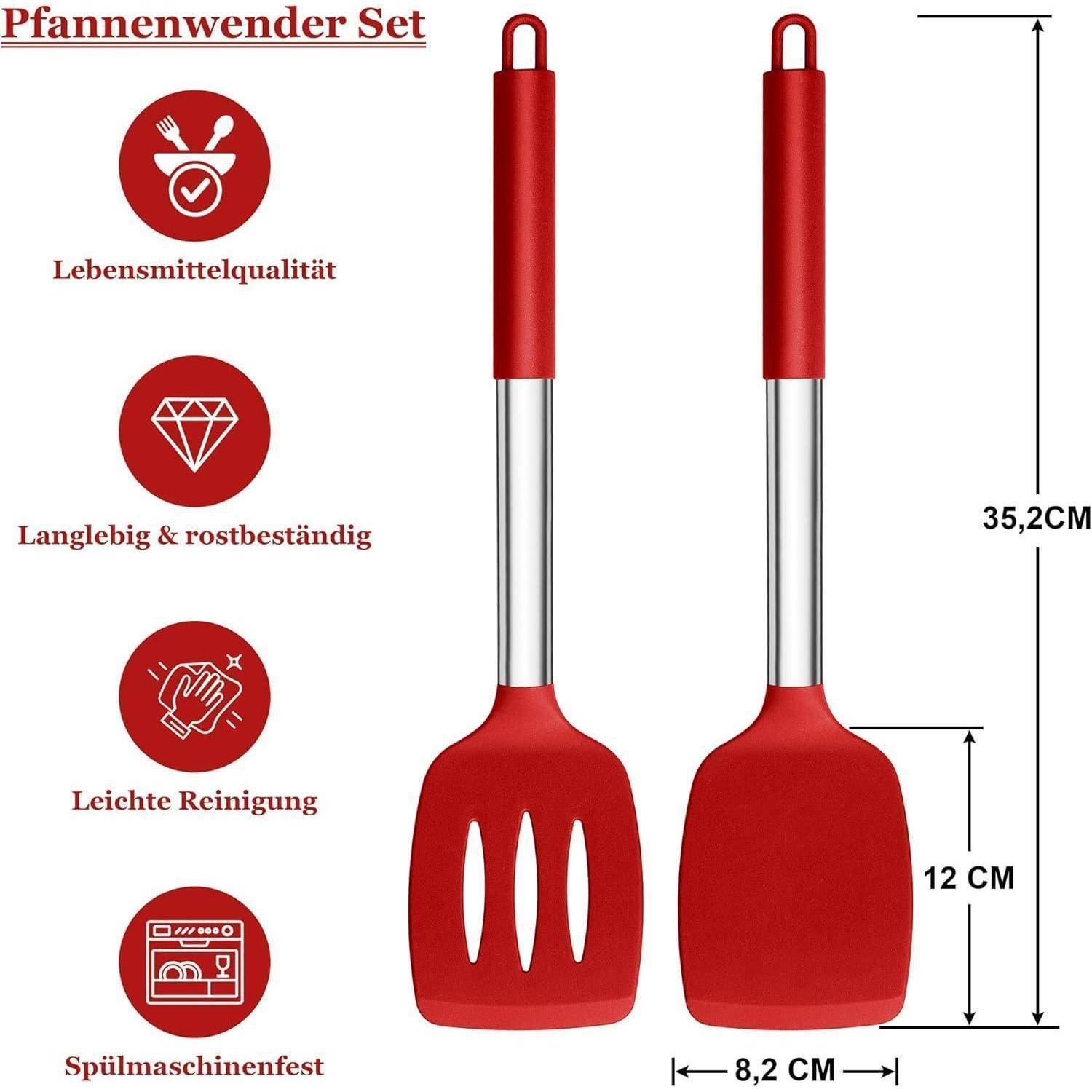 Pfannenwender Set Silikon Edelstahlgriff Spülmaschinenfest Rot 2
