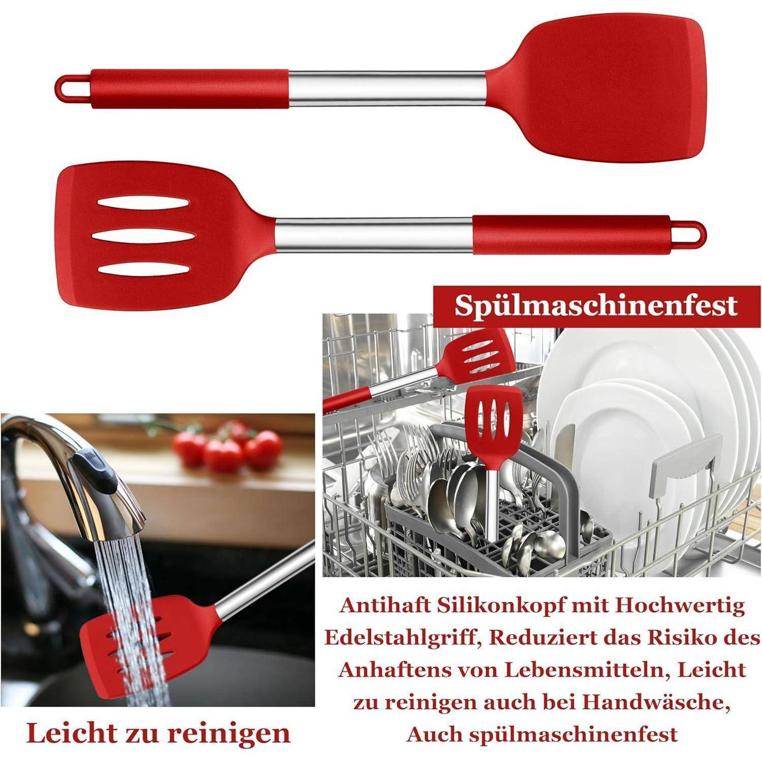 Pfannenwender Set Silikon Edelstahlgriff Spülmaschinenfest Rot 2