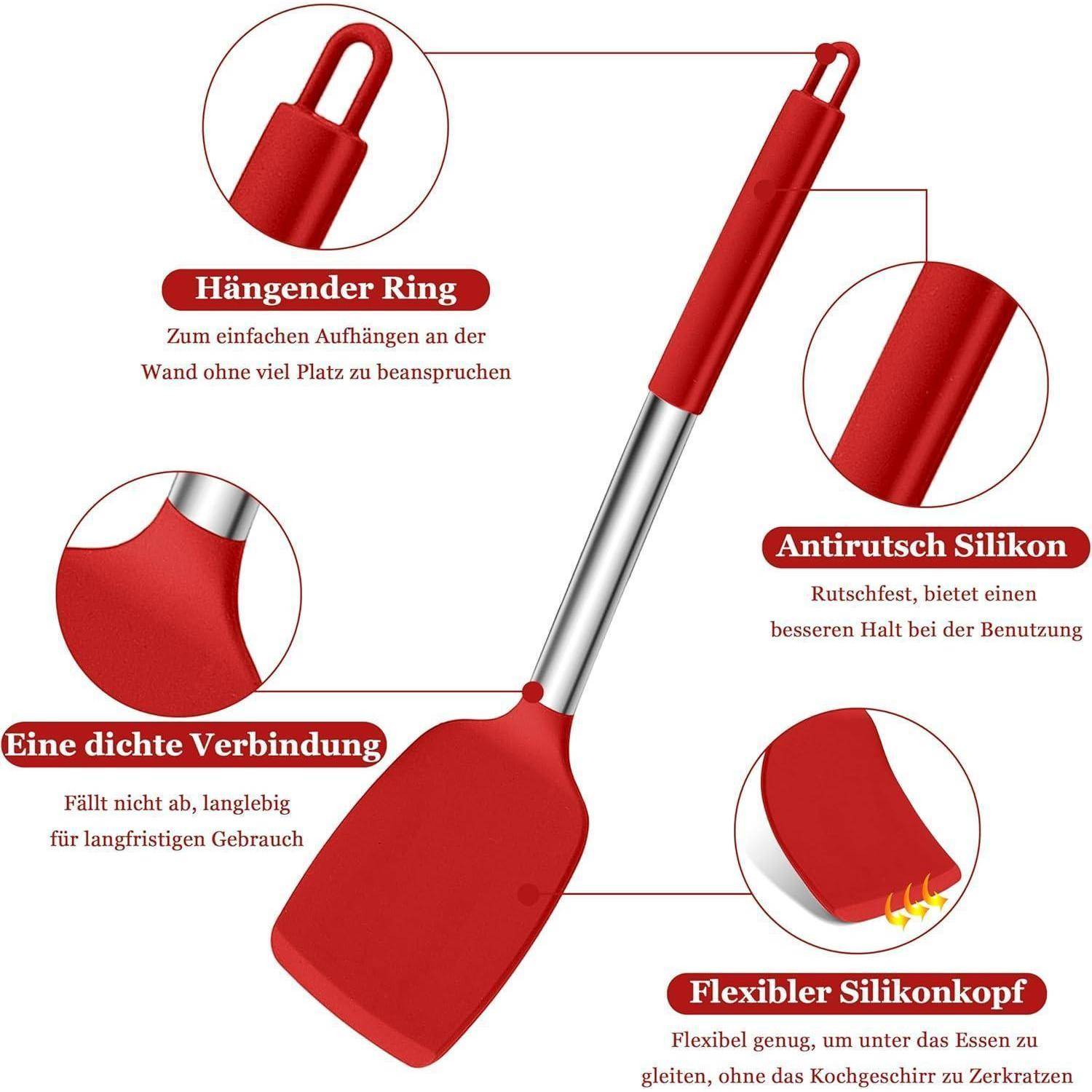 Pfannenwender Set Silikon Edelstahlgriff Spülmaschinenfest Rot 2