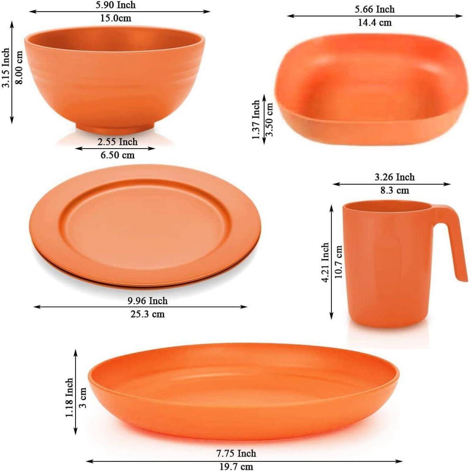 Eine Abbildung mit Maßangaben von orangefarbenem Geschirr: eine Schüssel, ein Teller, eine Tasse und ein Tablett, die jeweils mit Dimensionen in Zoll gekennzeichnet sind.