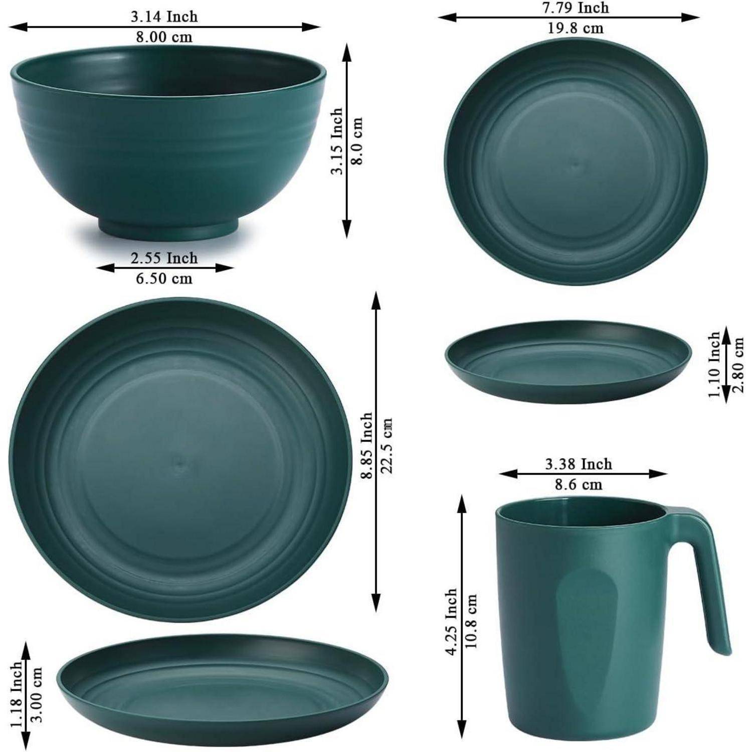 Ein grünes Geschirrset bestehend aus einer Schüssel, einem großen Teller, einem kleinen Teller und einer Tasse, wobei jedes Teil mit Abmessungen in Zoll und Zentimetern gekennzeichnet ist.