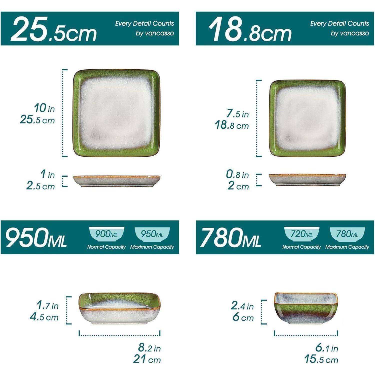 Bild zeigt zwei quadratische Teller mit Abmessungen und Kapazität: Linker Teller, 25,5 cm, 950 ml/900 ml; Rechter Teller, 18,8 cm, 780 ml/720 ml.