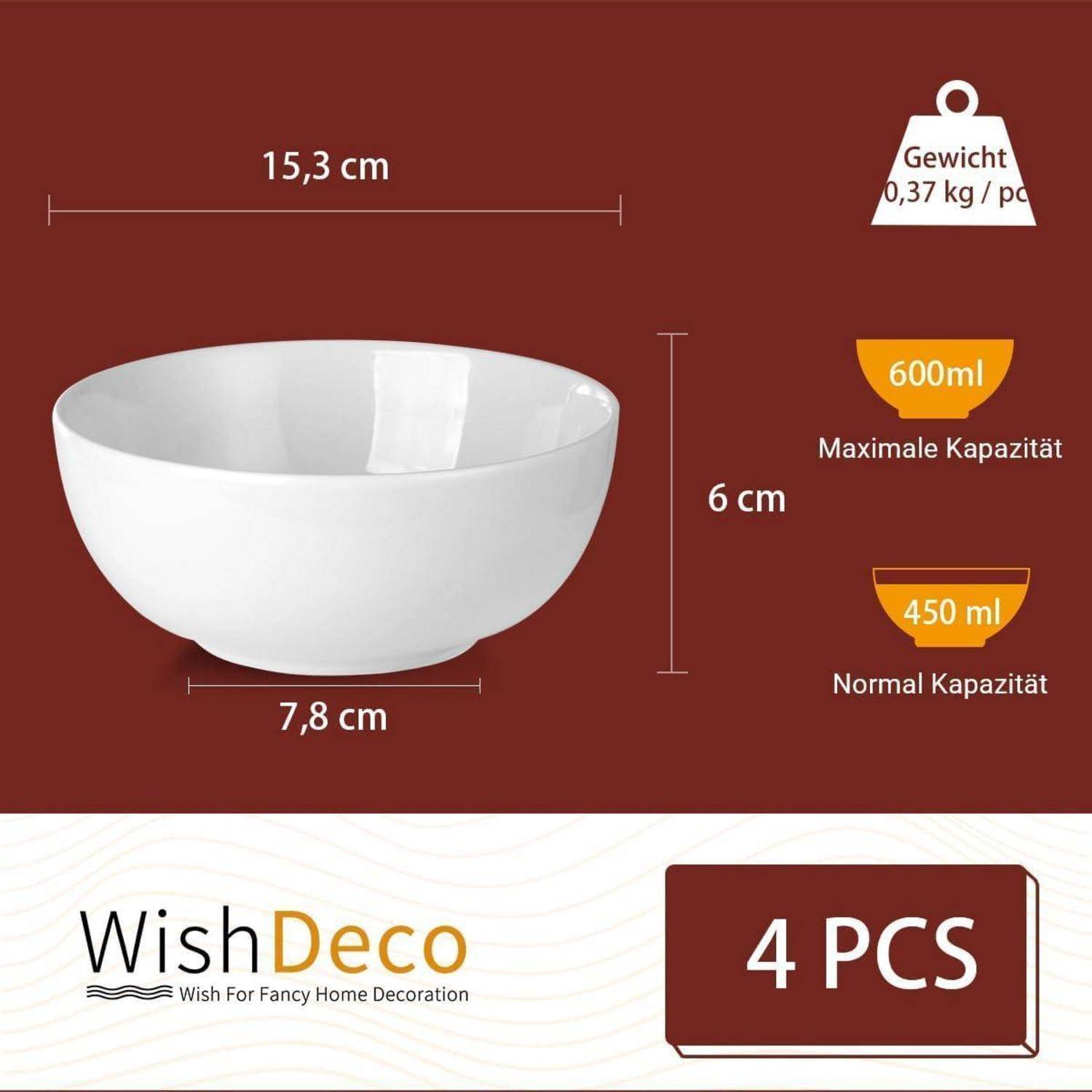 Eine weiße Schüssel mit Maßen: 15,3 cm Breite, 7,8 cm Tiefe, 6 cm Höhe. Kapazität: maximal 600 ml, normal 450 ml. Packung mit 4 Stück von WishDeco.