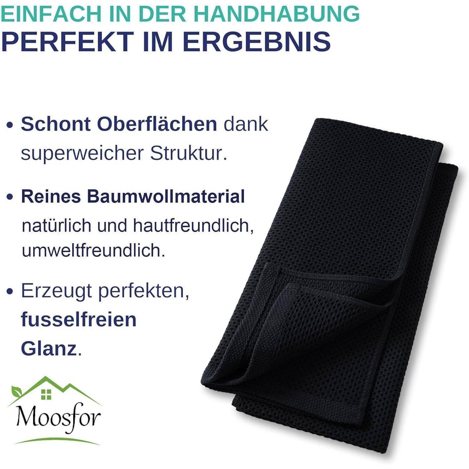 Schwarzes Tuch mit Text auf Deutsch, der weiche, umweltfreundliche Baumwolle für Oberflächenschutz und fusselfreien Glanz bewirbt und Nachhaltigkeit hervorhebt.