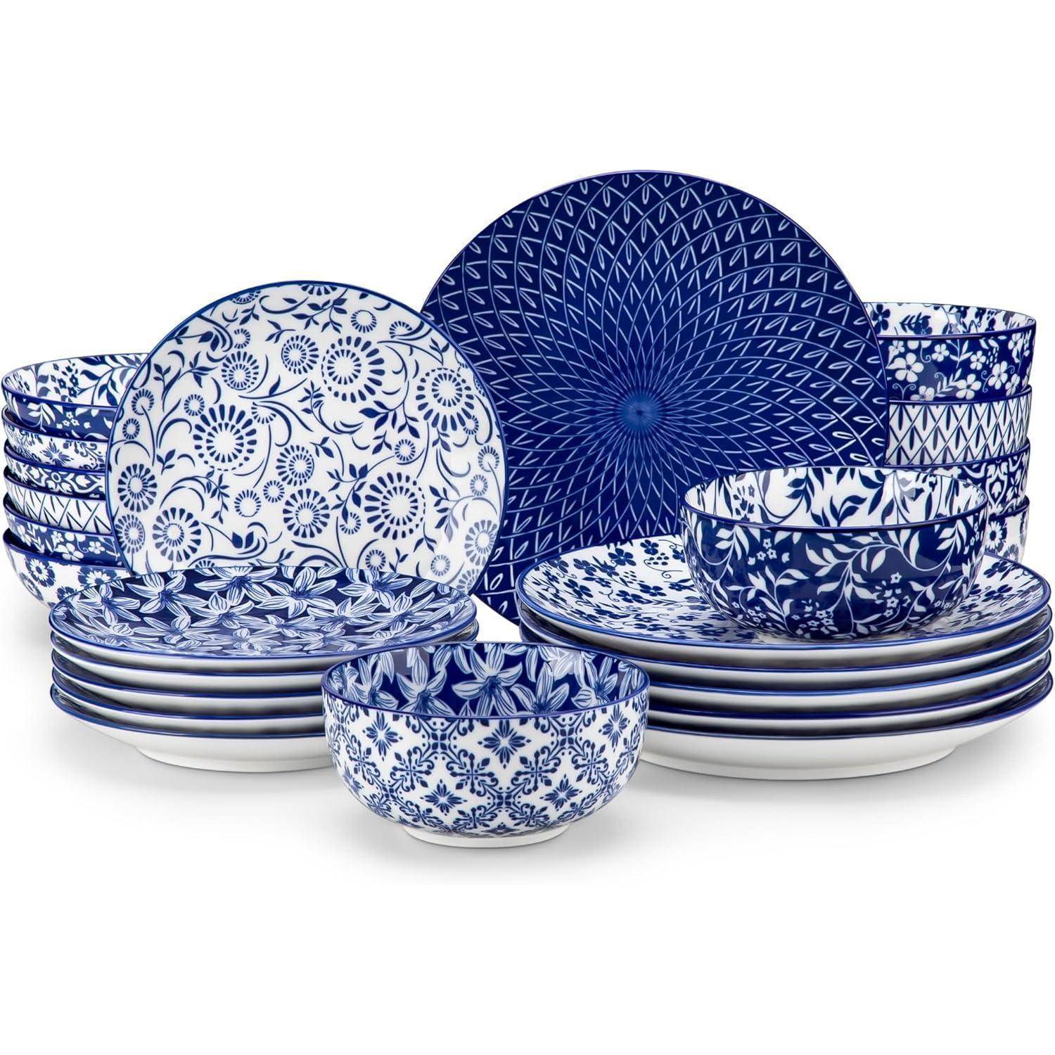 Geschirrset 6 Porzellan Keramik Blau Weiß Teller 24 Teile Set