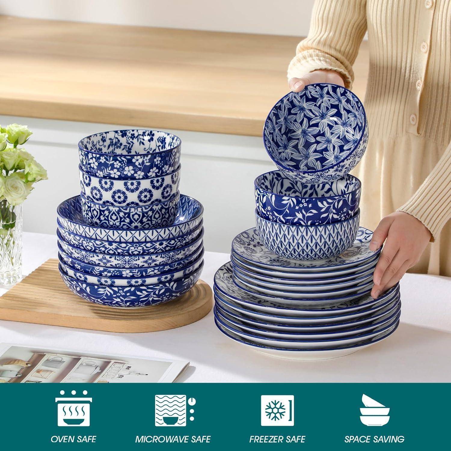 Geschirrset 6 Porzellan Keramik Blau Weiß Teller 24 Teile Set