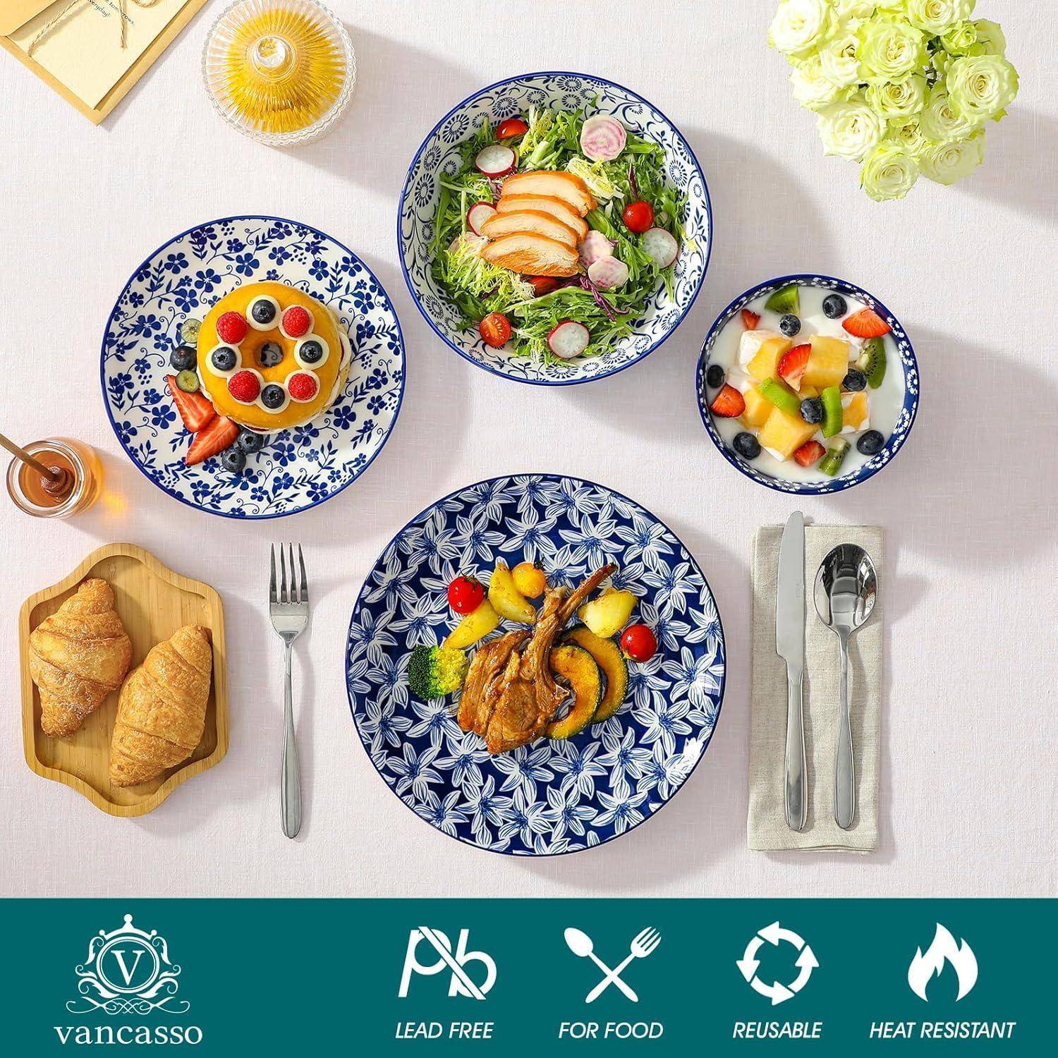 Geschirrset 6 Porzellan Keramik Blau Weiß Teller 24 Teile Set