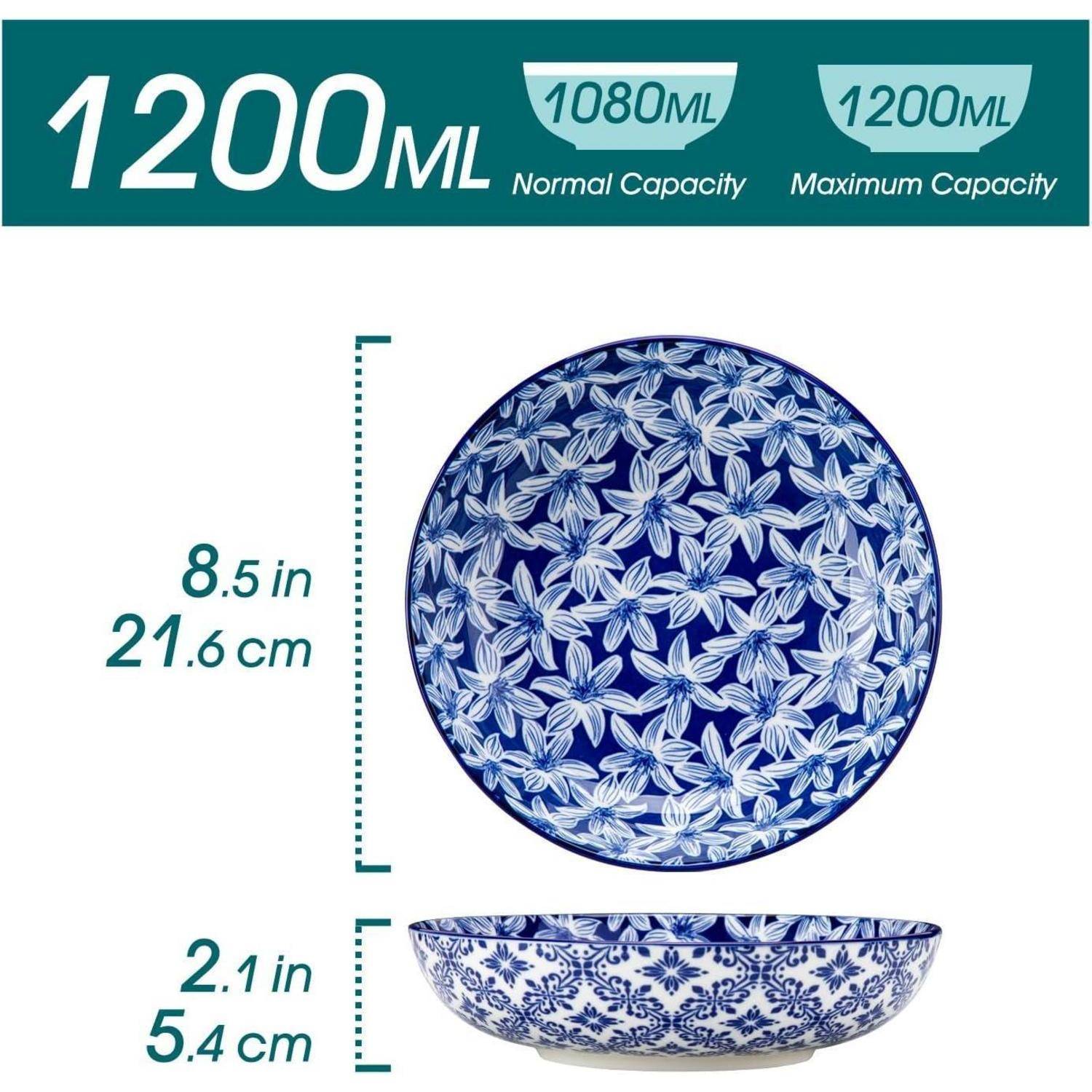 Blauer Blumenschüssel mit 1200 ml Fassungsvermögen Etikett. Abmessungen: 8,5 Zoll/21,6 cm Durchmesser, 2,1 Zoll/5,4 cm Höhe.