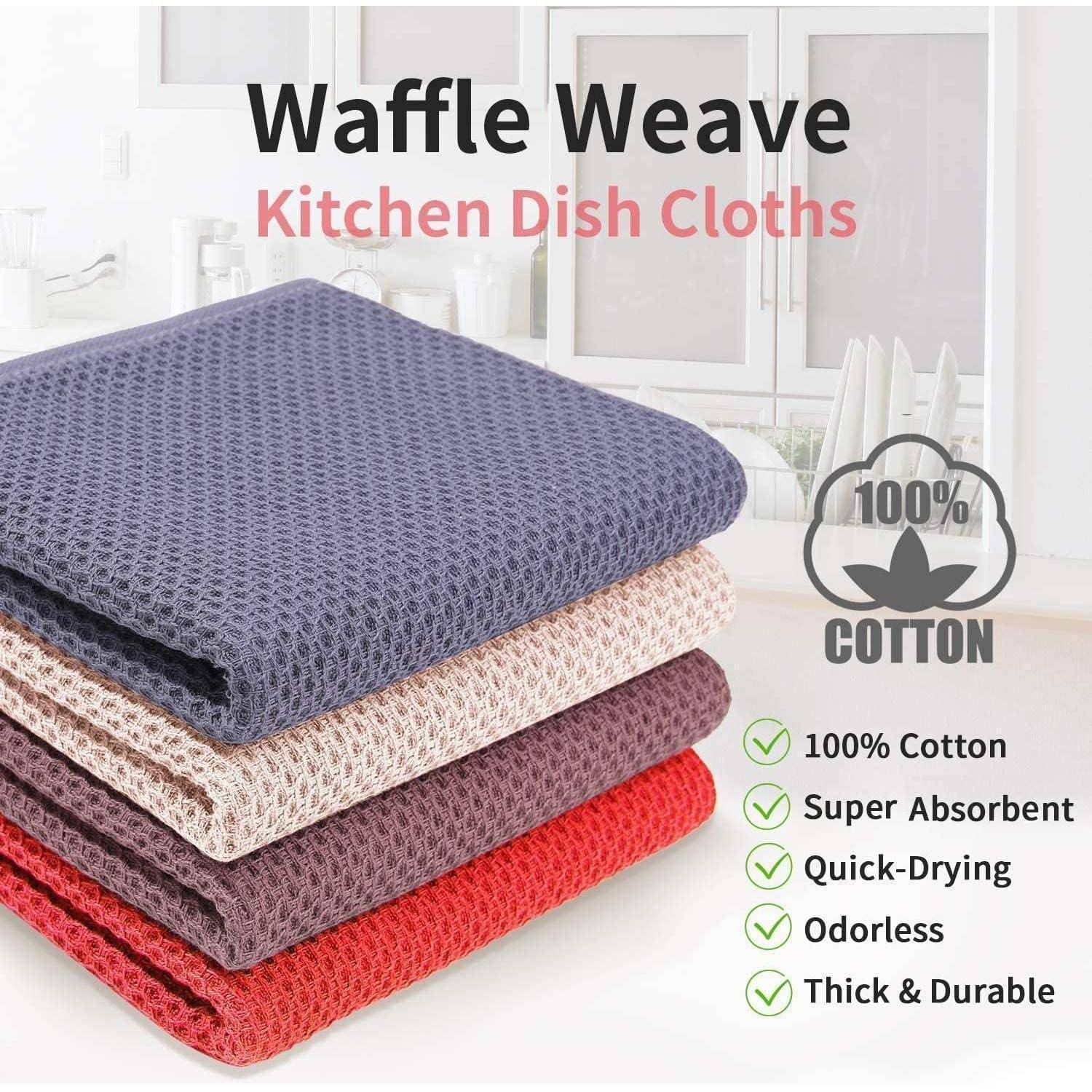 Gestapelte Küchentücher im Waffelwebedesign in den Farben Lila, Beige und Rot. Eigenschaften beinhalten '100% Baumwolle', 'Super Saugfähig', 'Schnell Trocknend', 'Geruchlos' und 'Dick & Strapazierfähig'.