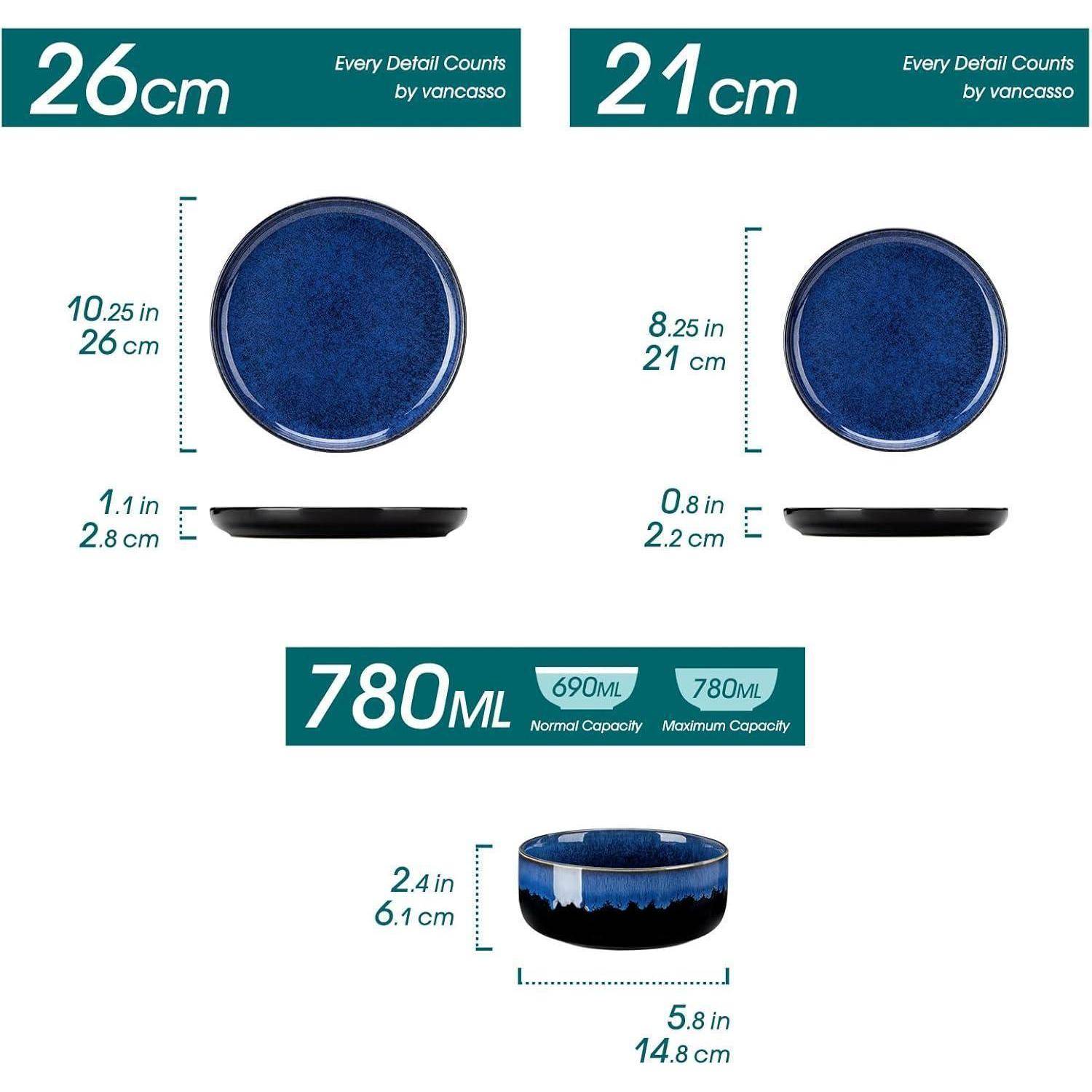 Zwei blaue Schüsseln mit Abmessungen: Große Schüssel 26 cm Durchmesser, 10,25 cm Höhe; Kleine Schüssel 21 cm Durchmesser, 8 cm Höhe. Fassungsvermögen: 780 ml.