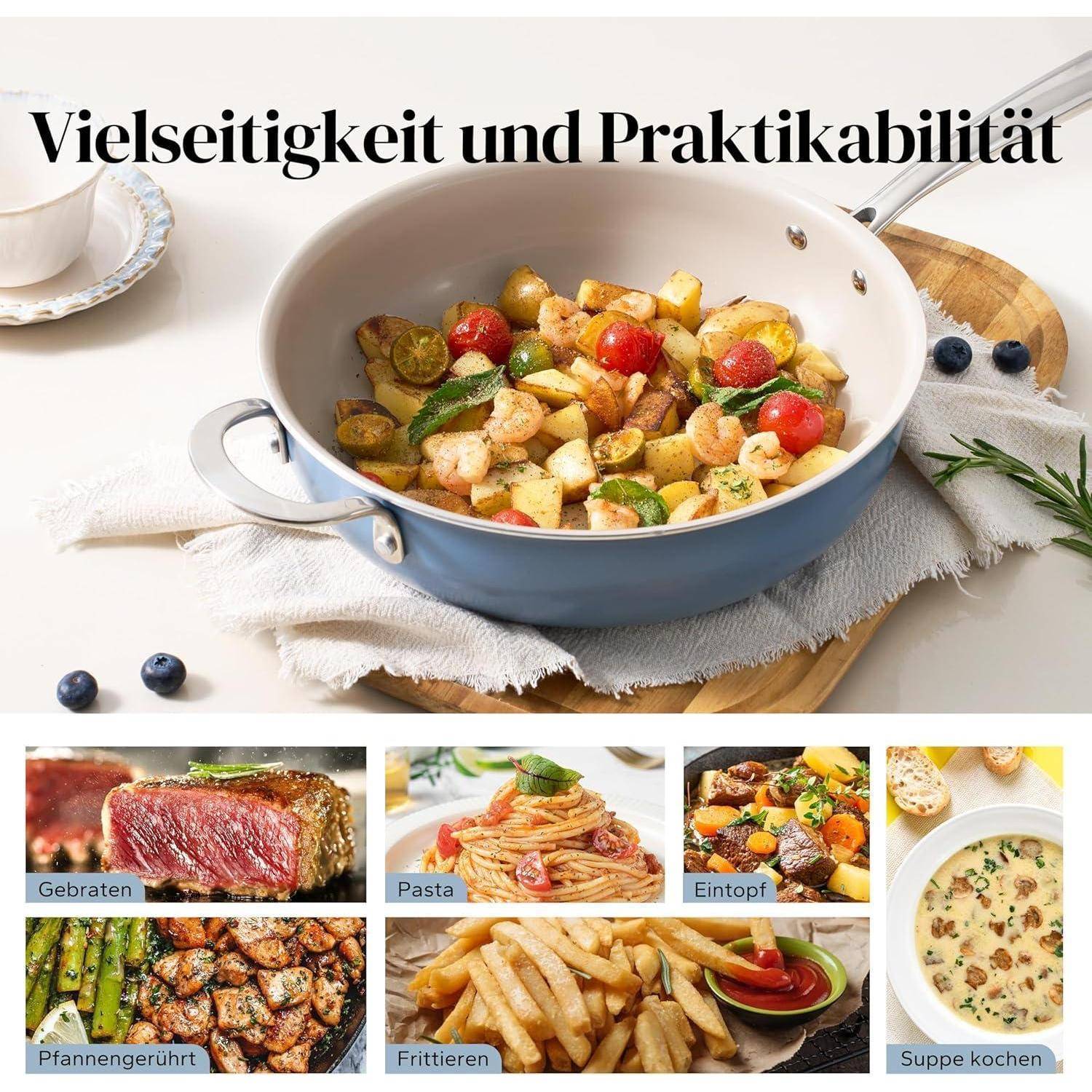 Eine Pfanne mit einem bunten Gemüse- und Brotgericht. Darunter sind Bilder verschiedener Gerichte: gegrilltes Fleisch, Pasta, Eintopf, Pfannengericht und Suppe.