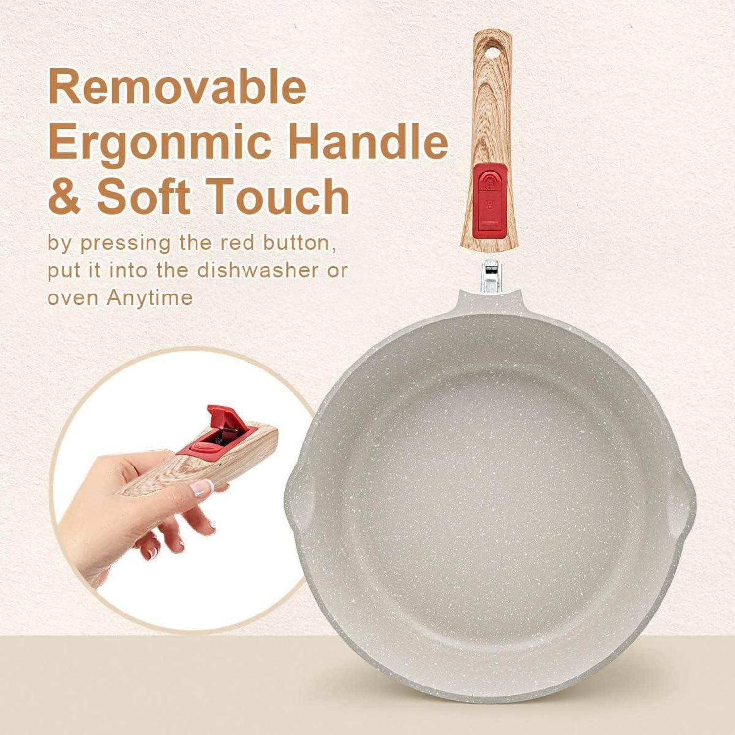 Abnehmbarer ergonomischer Griff & Soft-Touch-Pfanne wird mit einem roten Knopf zur einfachen Entfernung gezeigt. Beinhaltet eine Hand, die den Knopf drückt.