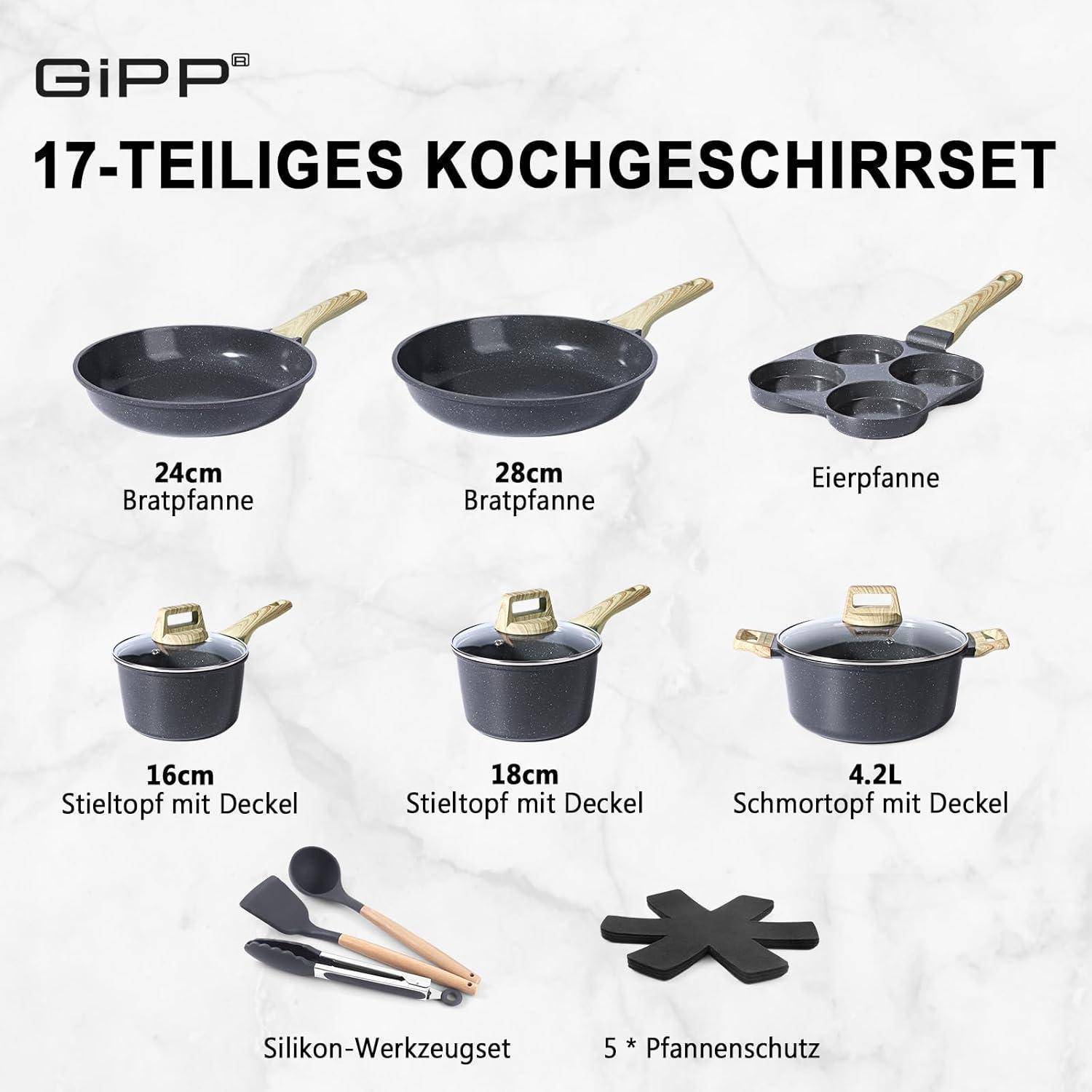 17-teiliges Kochgeschirr-Set bestehend aus Bratpfannen (24 cm, 28 cm, Pfanne für Eier), Stielkasserolle mit Deckel (16 cm, 18 cm), Kochtopf (4,2 L), Silikonwerkzeugen und Pfannenschonern.