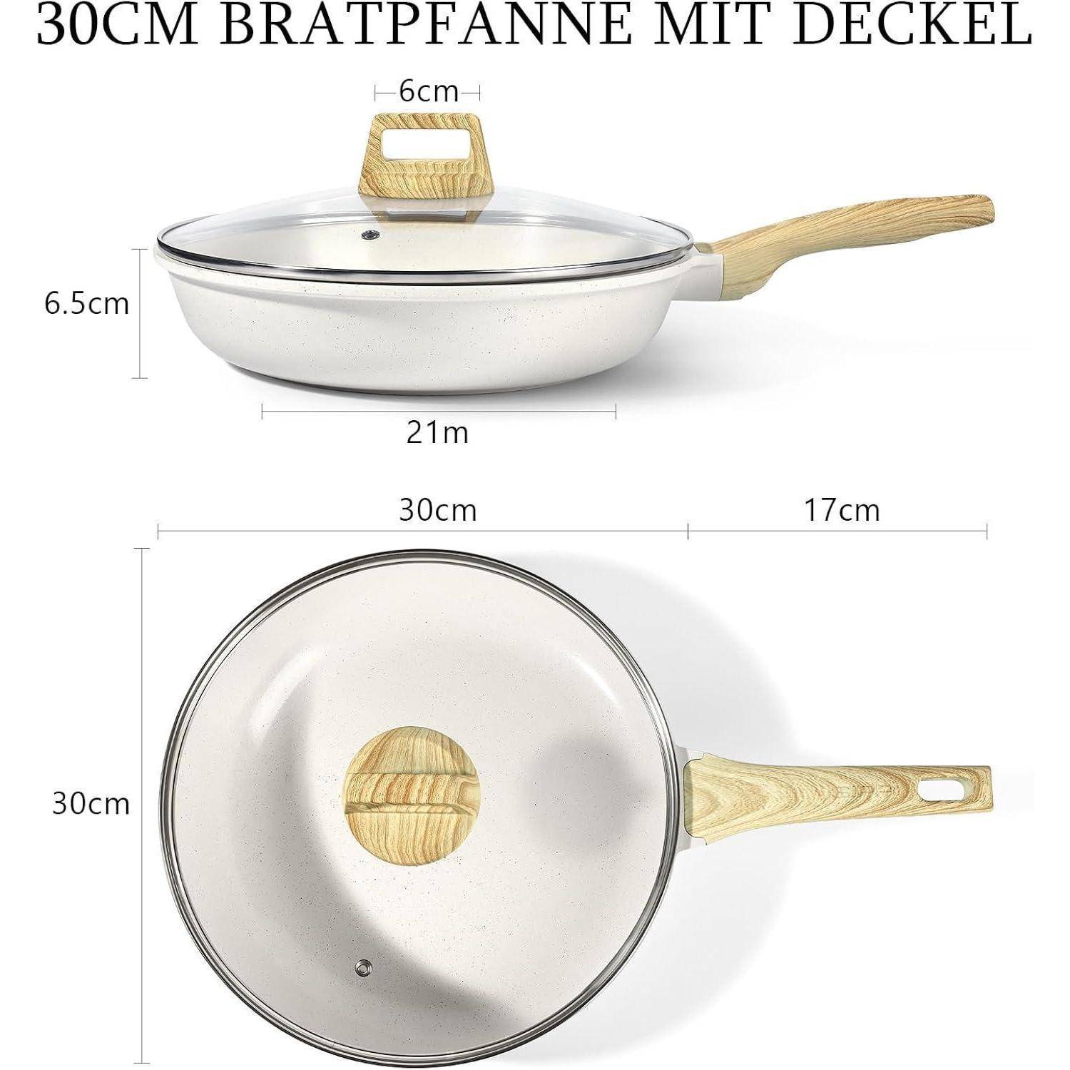 Bratpfanne Keramik Antihaft 30cm Deckel Induktion Weiß 30cm+ Deckel