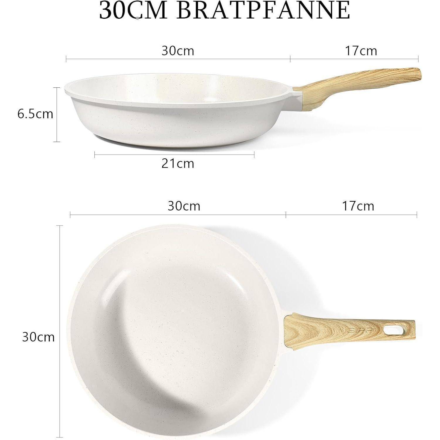 30CM BRATPFANNE' Pfanne mit Holzgriff, von der Seite und von oben gezeigt. Abmessungen: 30cm Pfanne mit 17cm Griff, 6,5cm Tiefe.