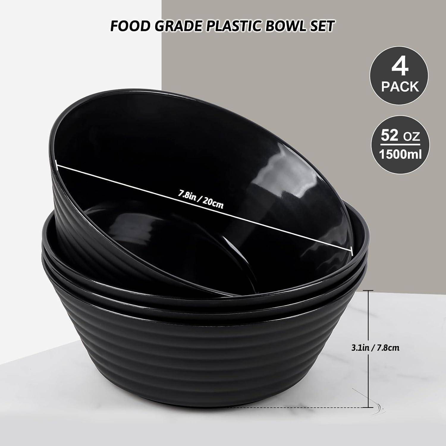 Lebensmittelgeeignetes Kunststoff-Schüsselset, schwarz, 4er-Pack, je 52 oz/1500 ml, Durchmesser 7,8 Zoll/20 cm, Höhe 3,1 Zoll/7,8 cm, auf weißem Hintergrund.