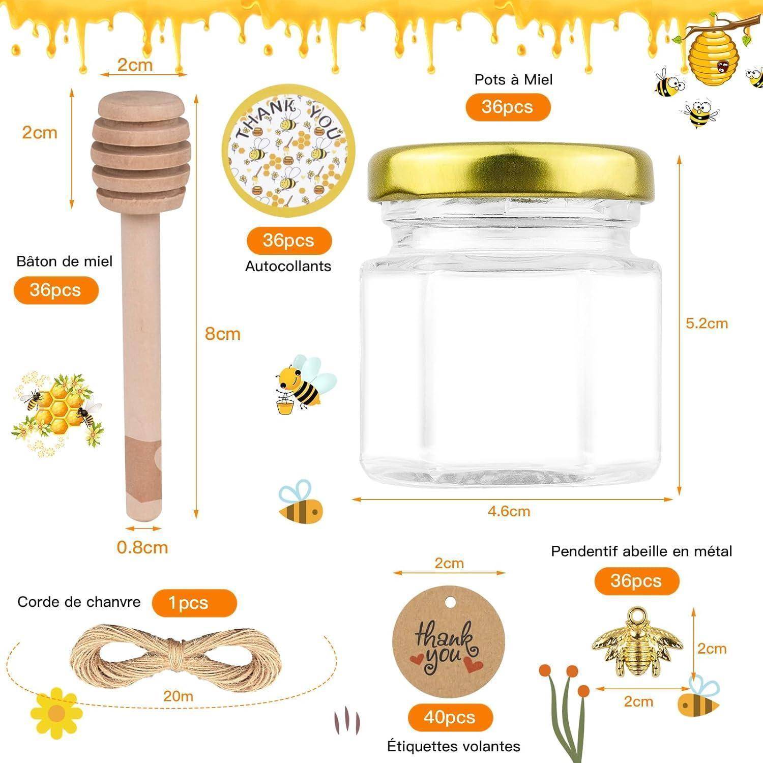 Ein 'Honig-Glas-Set' umfasst ein 36-teiliges Set mit einem Honiglöffel, Aufklebern, Anhänger mit Bienenmotiv aus Metall, Bindfaden und schwimmenden Etiketten.