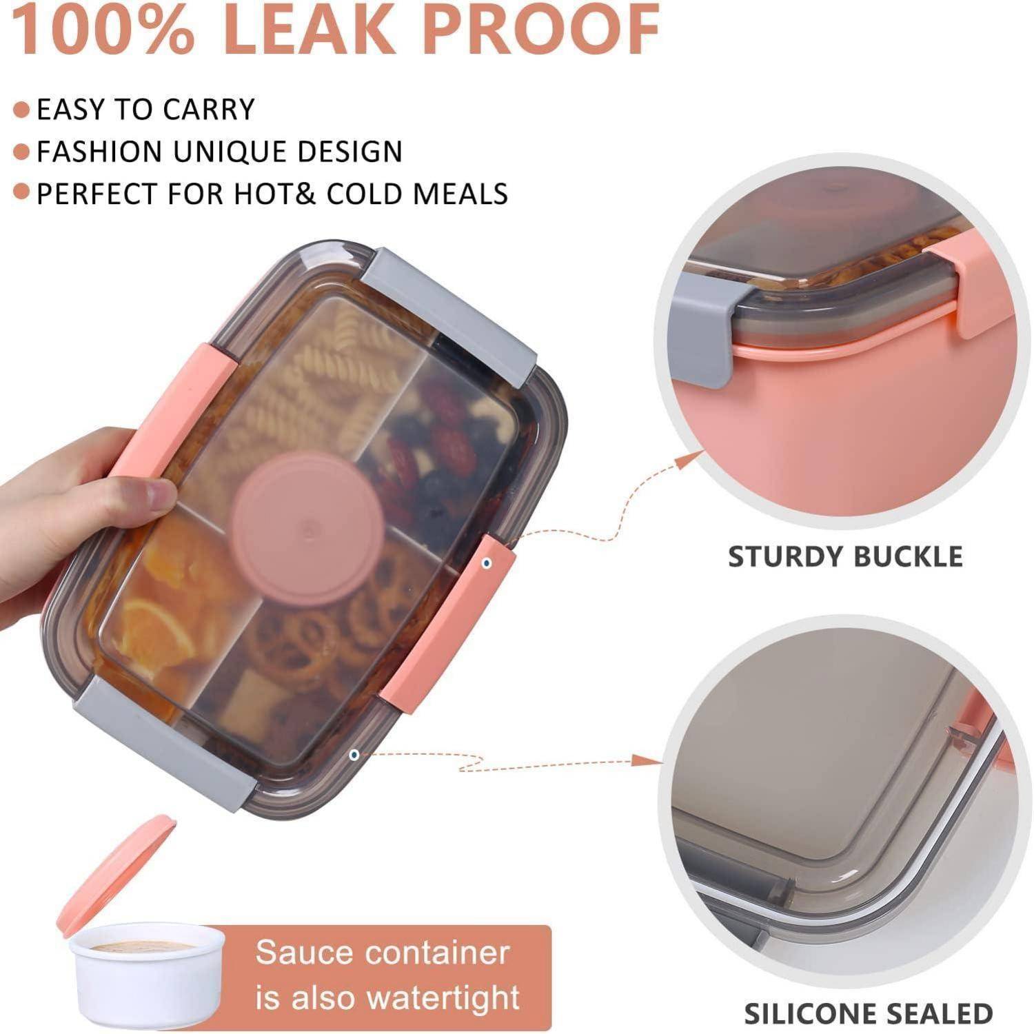 100% auslaufsicherer Lunch-Behälter mit Eigenschaften: einfach zu tragen, modisches Design, geeignet für warme und kalte Mahlzeiten. Inklusive robuster Schnalle, Silikonversiegelung und Saucenbehälter.