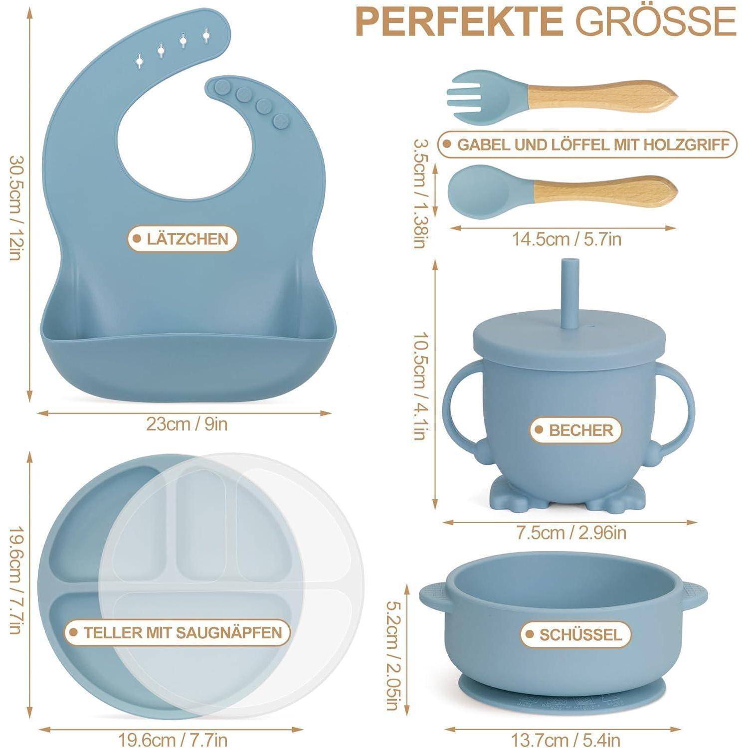 Das 'Perfekte Größe' Baby-Fütterungsset enthält ein Lätzchen (23 cm), eine Gabel und einen Löffel (13,8 cm; Holzgriff), einen Trainingsbecher (10,5 cm Höhe), einen Saugnapfteller (19,6 cm Durchmesser) und eine Schüssel.