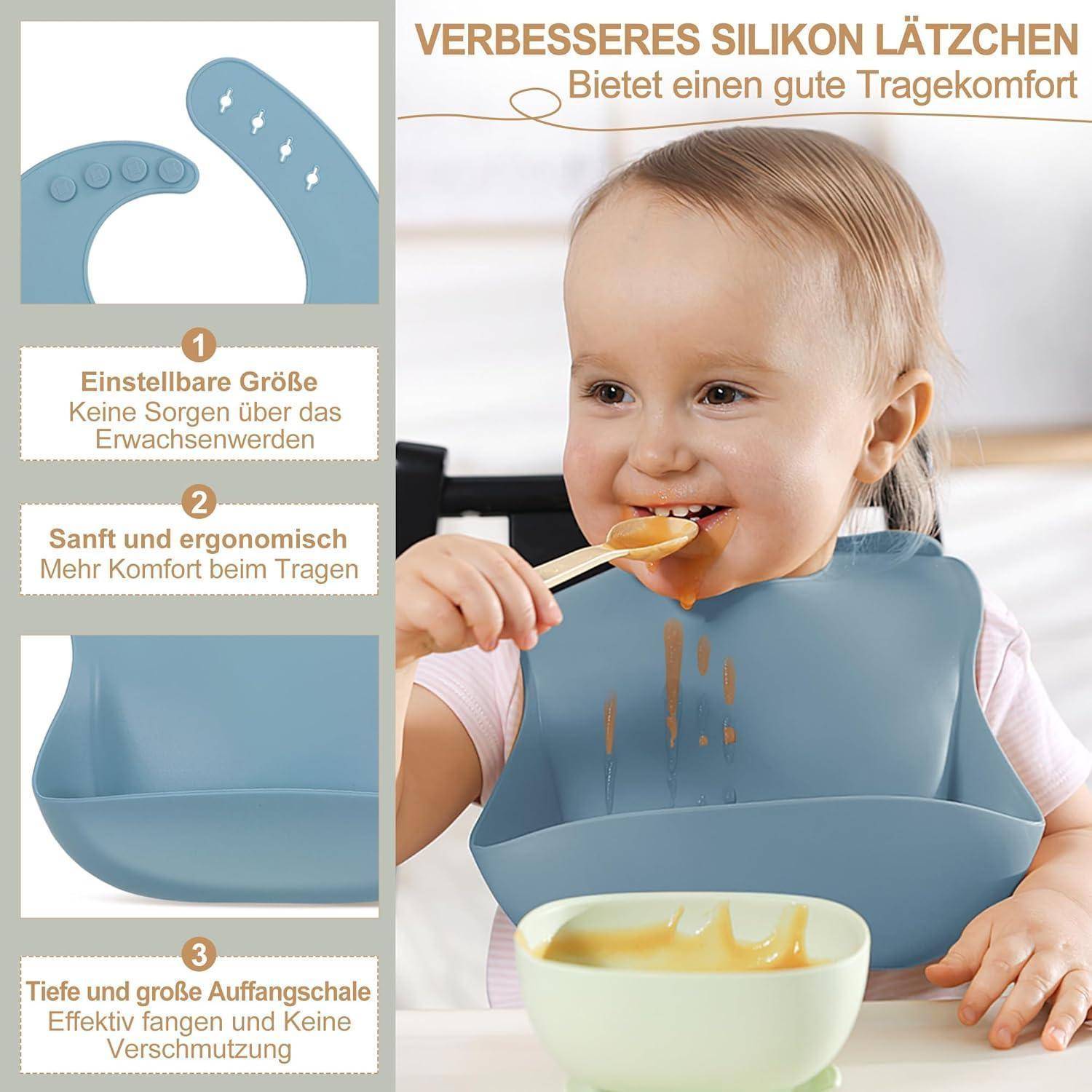 Ein Kleinkind trägt ein hellblaues Silikon-Lätzchen mit verstellbarer Größe, weichem Kragen und tiefem Auffangbereich, um Essen aufzufangen und Komfort während der Mahlzeiten zu bieten.