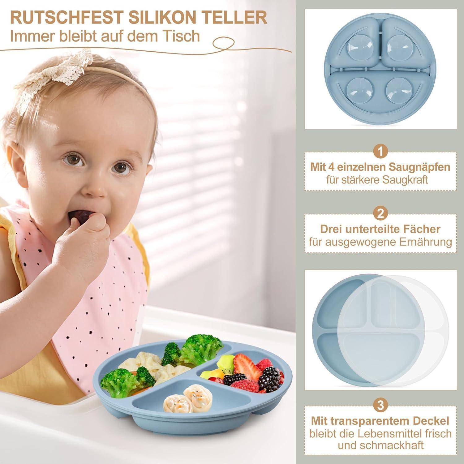 Ein Baby isst von einem geteilten Silikonunterteller mit Saugnapf, der vier Abschnitte besitzt, wobei jeder Abschnitt verschiedene Lebensmittel enthält. Deutsche Texthervorhebungen präsentieren die Produktmerkmale.