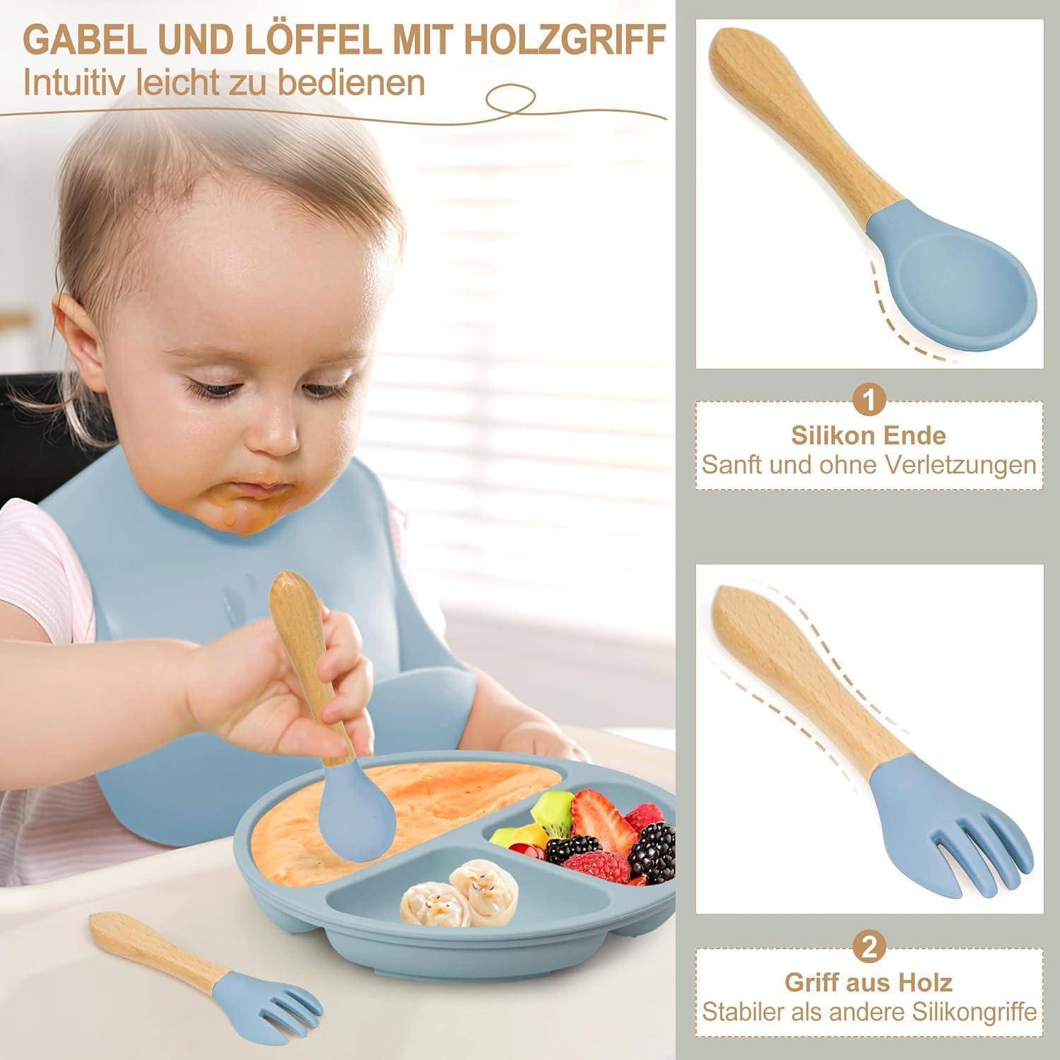 Ein Baby, das von einem geteilten blauen Teller mit einem Holzgriff-Löffel isst. Der Text hebt die Silikonspitze des Löffels und die Stabilität des Holzgriffs hervor.