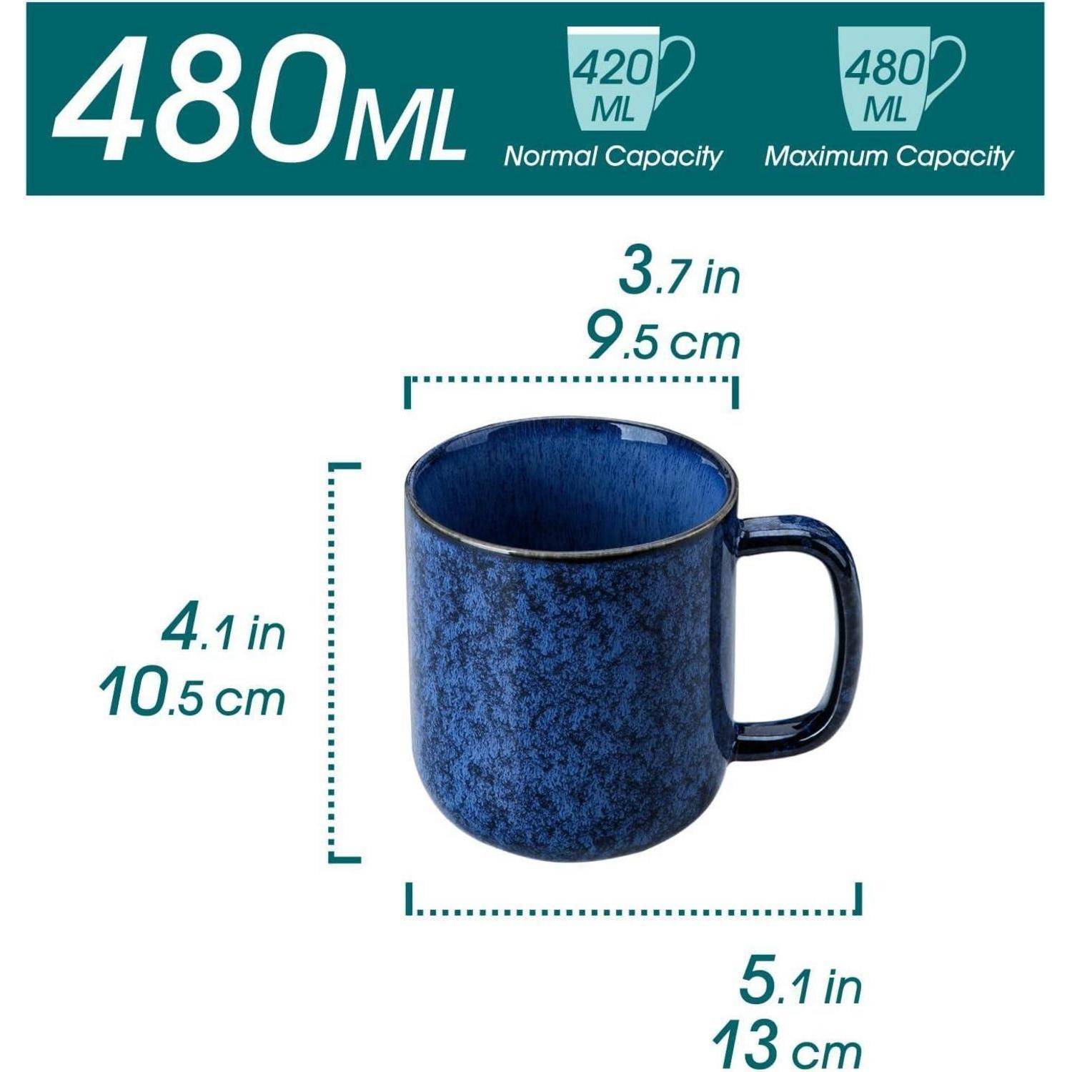 Blauer Becher mit Maßangaben: Durchmesser 3,7 Zoll (9,5 cm), Höhe 4,1 Zoll (10,5 cm), Henkel bis zum Rand 5,1 Zoll (13 cm), Fassungsvermögen 480 ml.