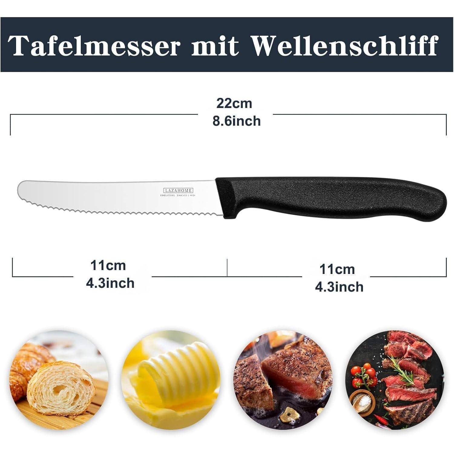 Frühstücksmesser Messerset Edelstahl Wellenschliff 6 Stück Schwarz