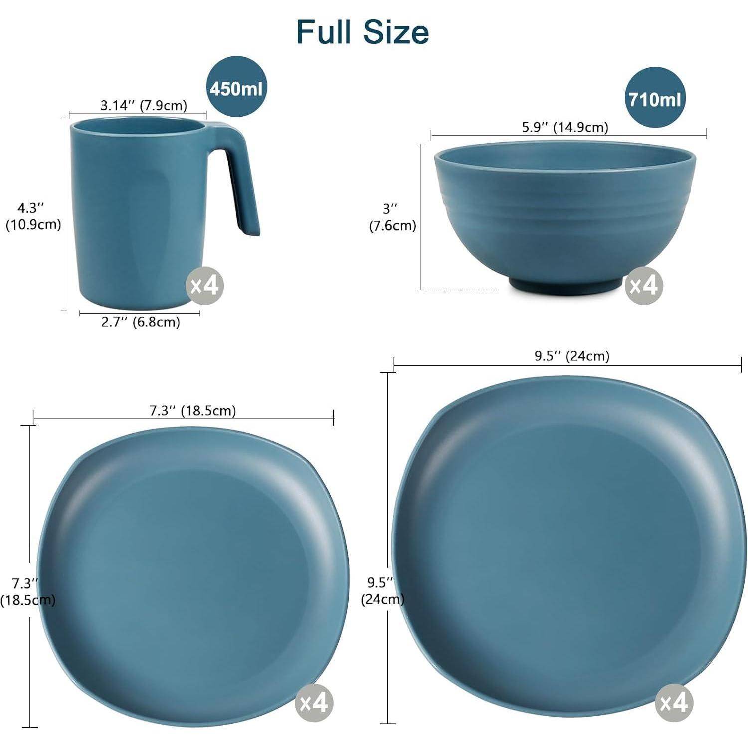 Ein Komplettset 'Vollgröße' in Blau umfasst eine 450ml Tasse, eine 710ml Schüssel, einen 9,5