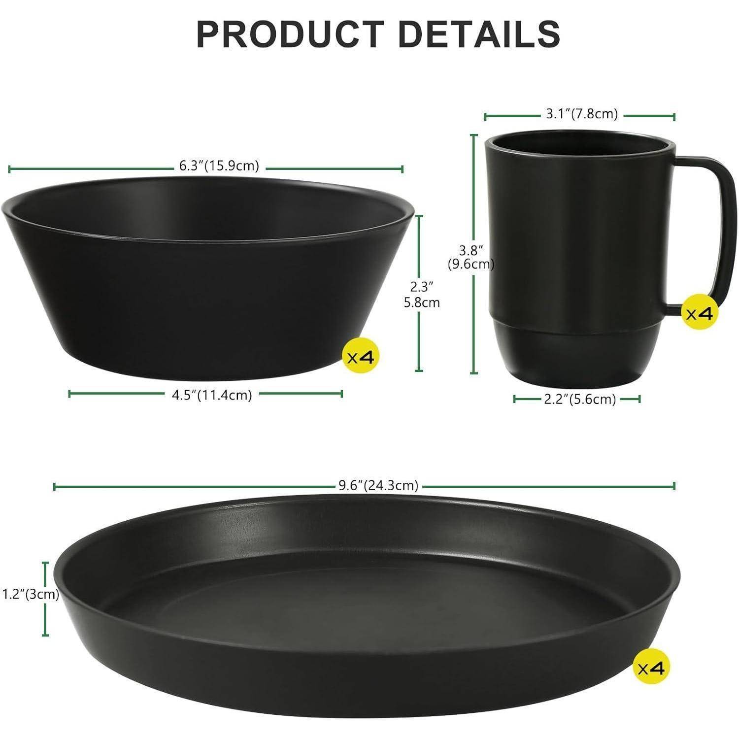 Set enthält vier schwarze Schüsseln (6,3"x3,8""), vier schwarze Tassen (3,1""x3,8"") und vier schwarze Teller (9,6""x1,2"").