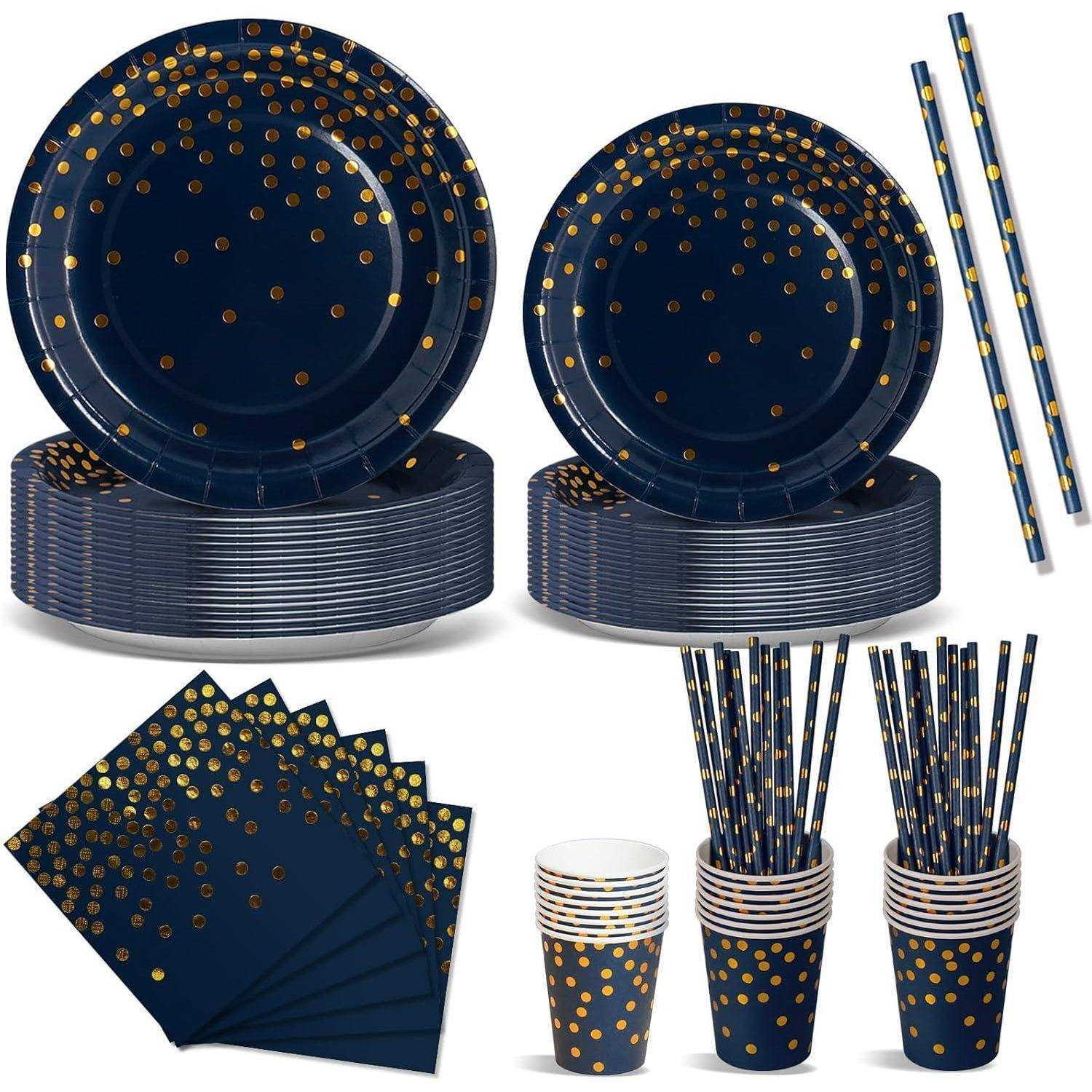 Party-Set in Navy und Gold mit Tellern, Servietten, Bechern und Strohhalmen mit Goldpunkten. Perfekt für elegante Feierlichkeiten.