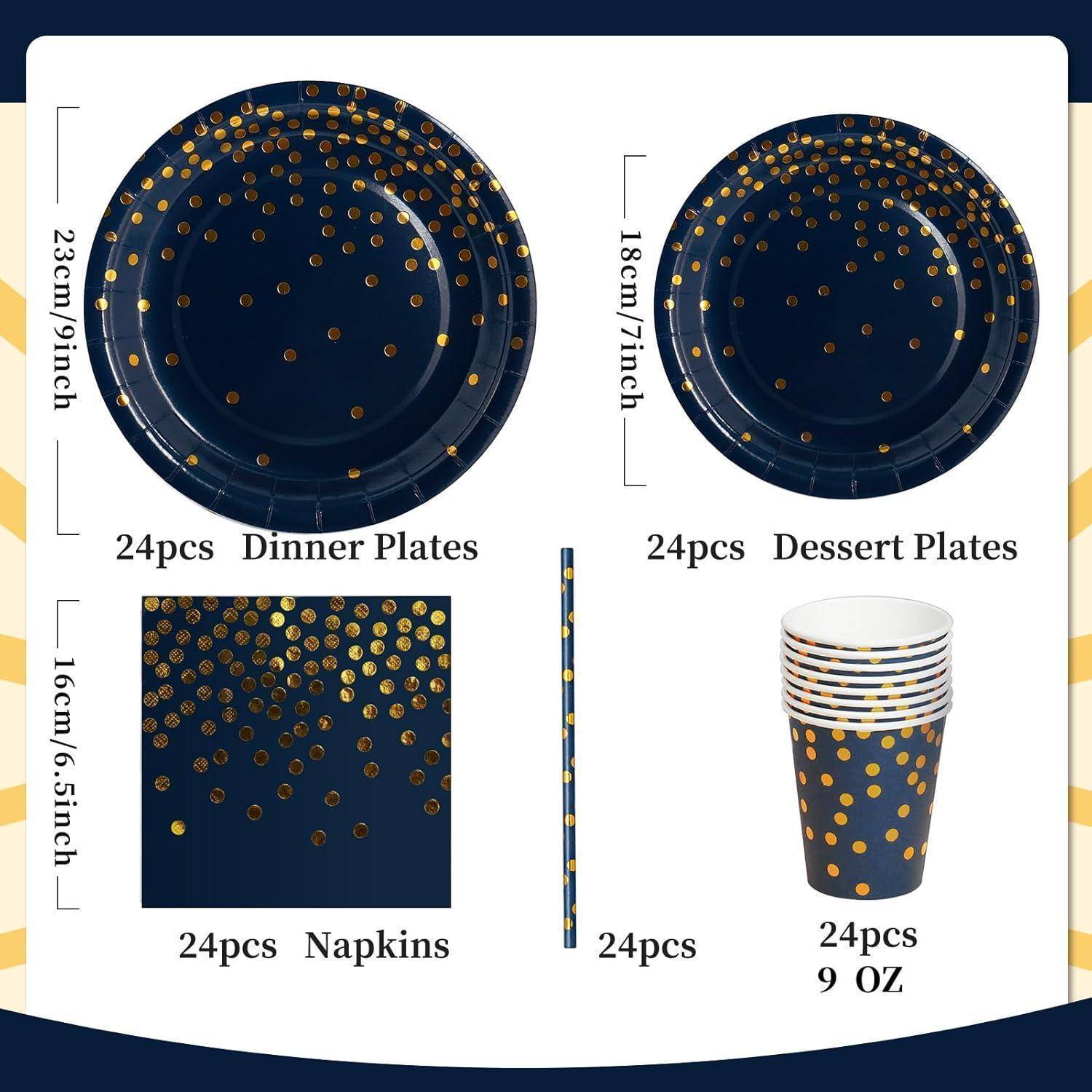 Artikelset für Party: 24 Speiseteller (23 cm), 24 Dessertteller (18 cm), 24 Servietten (16 cm) und 24 Becher (9 oz).