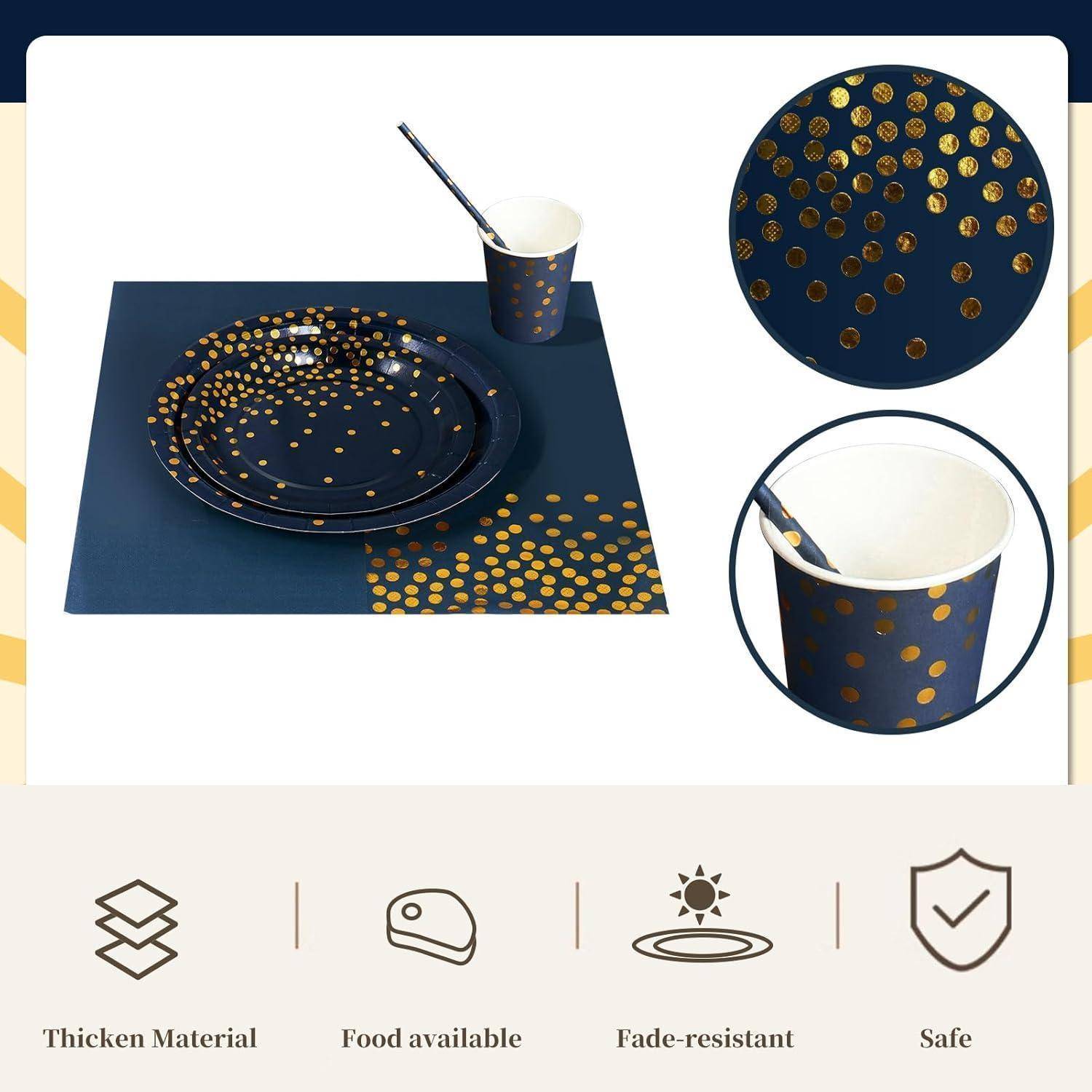 Eine blaue Tischgedeck mit goldenen Punkten enthält einen Teller, eine Tasse und einen Strohhalm. Symbole darunter zeigen, dass das Set robust, lebensmittelecht und farbbeständig ist.