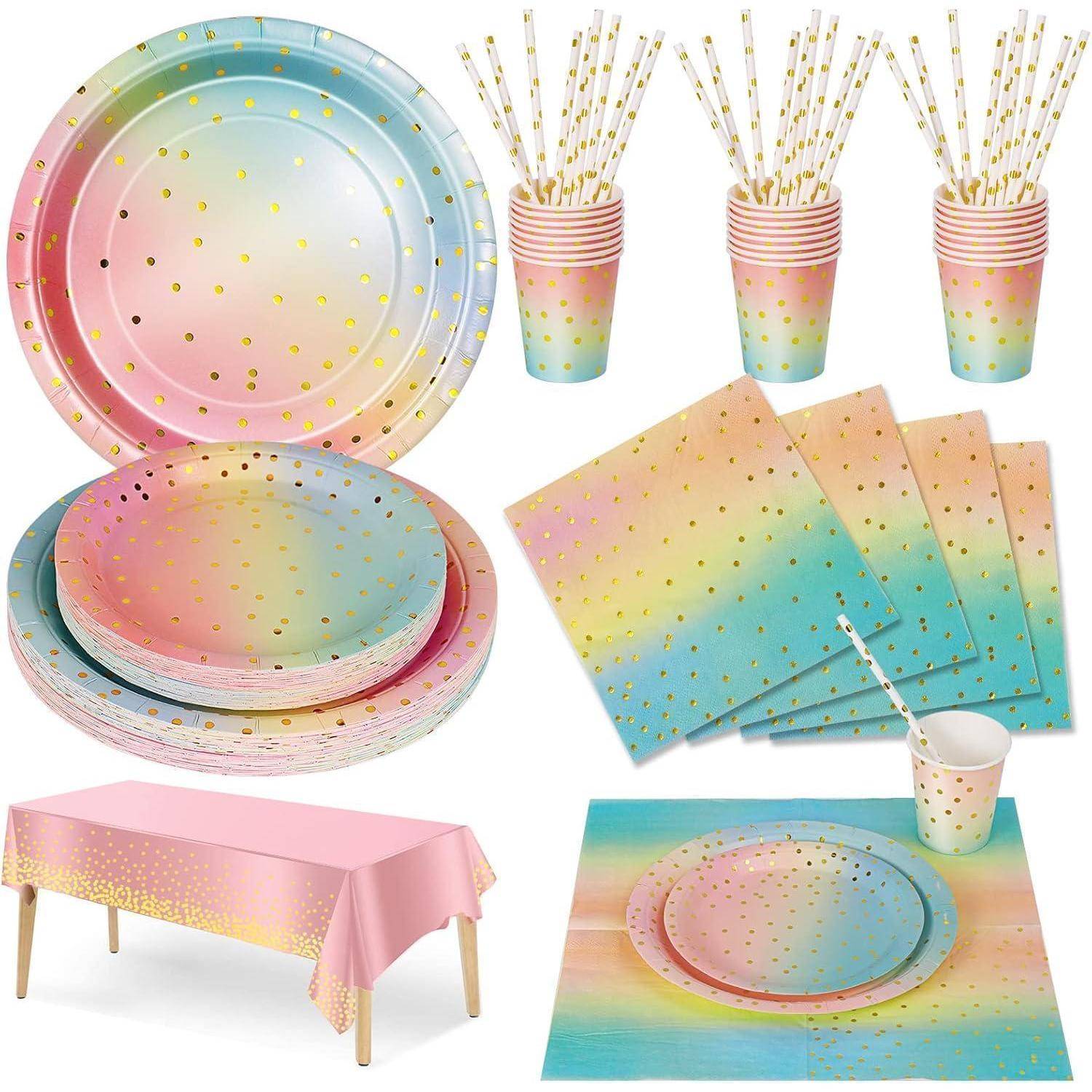Partygeschirr Kindergeburtstag 126 Pappteller Regenbogen Gold