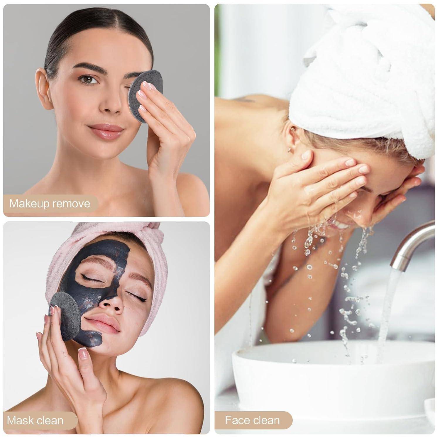 Frau, die ein Make-up-Entfernungspad verwendet, eine andere Frau, die ihr Gesicht am Waschbecken reinigt, und eine dritte Frau mit einer Reinigungsmaske.