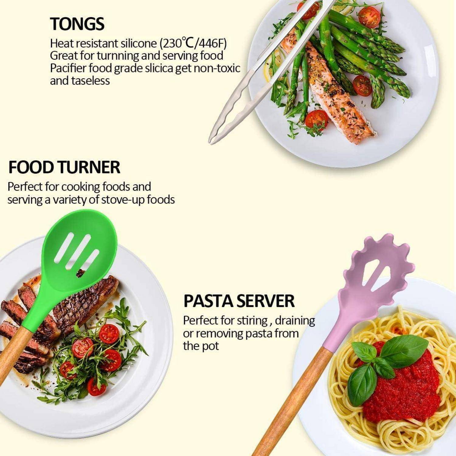 Grillzange, Pfannenwender und Nudelserver mit Holzgriffen werden gezeigt. Diese Küchenutensilien sind mit passenden Lebensmitteln kombiniert: Lachs, Steak und Pasta.