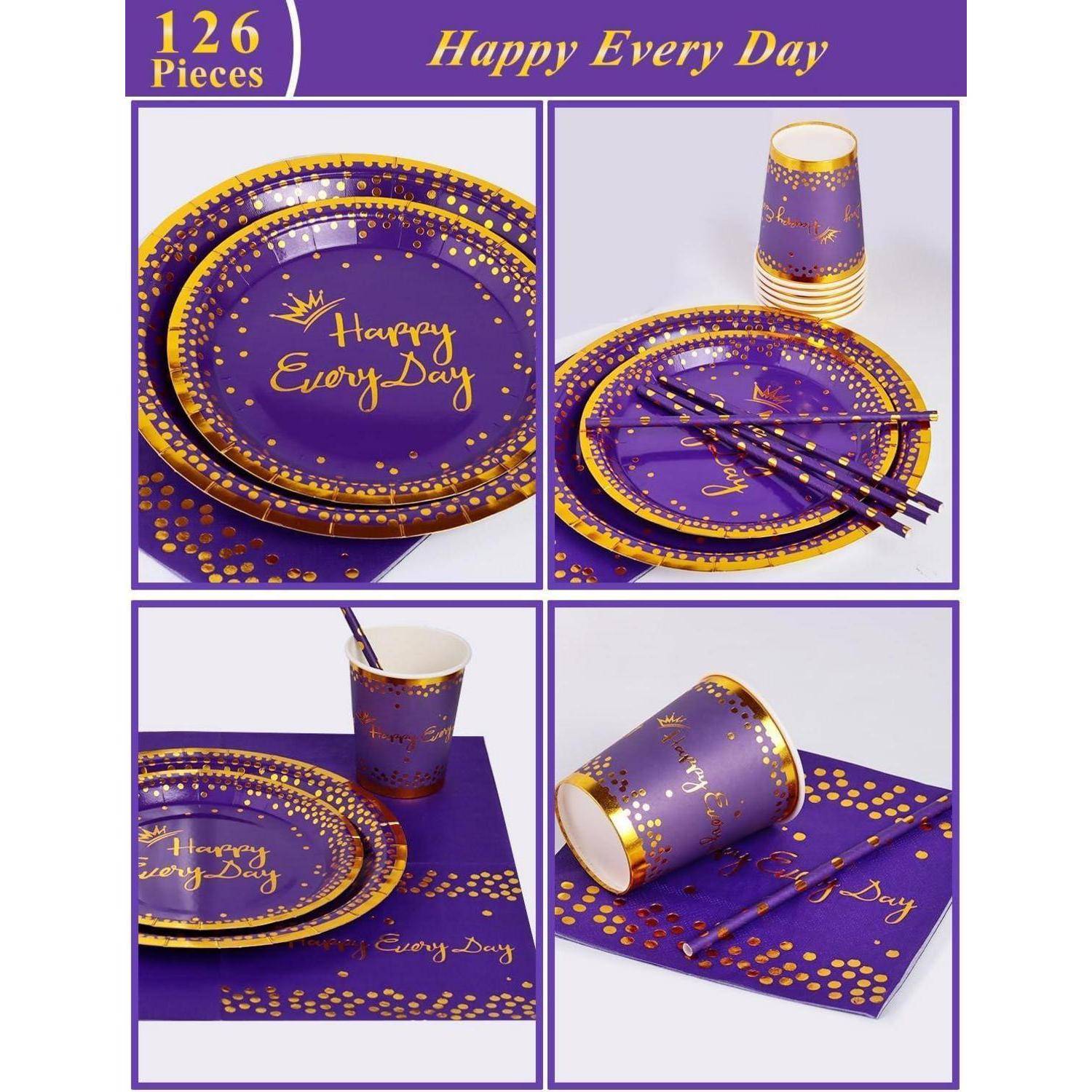 Lila und gold-farbiges Party-Set mit 'Happy Every Day' Schriftzug. Enthält Teller, Becher, Servietten und Trinkhalme. Insgesamt 126 Teile.