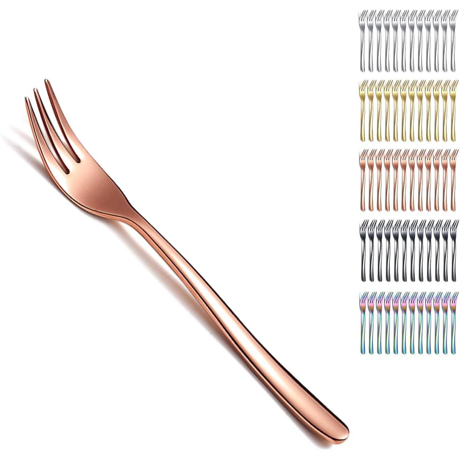 Eine Rosegold-Gabel mit elegantem Design wird prominent präsentiert, umgeben von kleineren Bildern von Gabeln in verschiedenen Farben wie Gold, Schwarz und Regenbogen.