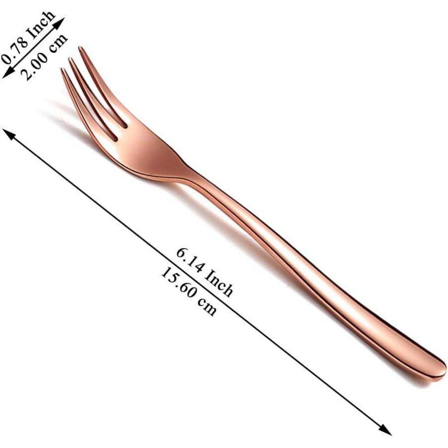 Eine kupferfarbene Gabel ist diagonal platziert, mit beschrifteten Abmessungen: 6,14 Zoll (15,60 cm) in der Länge, 0,78 Zoll (2,00 cm) in der Breite.