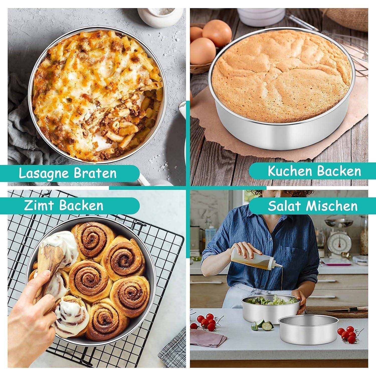 Ein 2x2 Raster-Bild: oben links gebratene Lasagne, oben rechts ein Biskuittorte, unten links Zimtschnecken und unten rechts eine Person, die einen Salat mischt.
