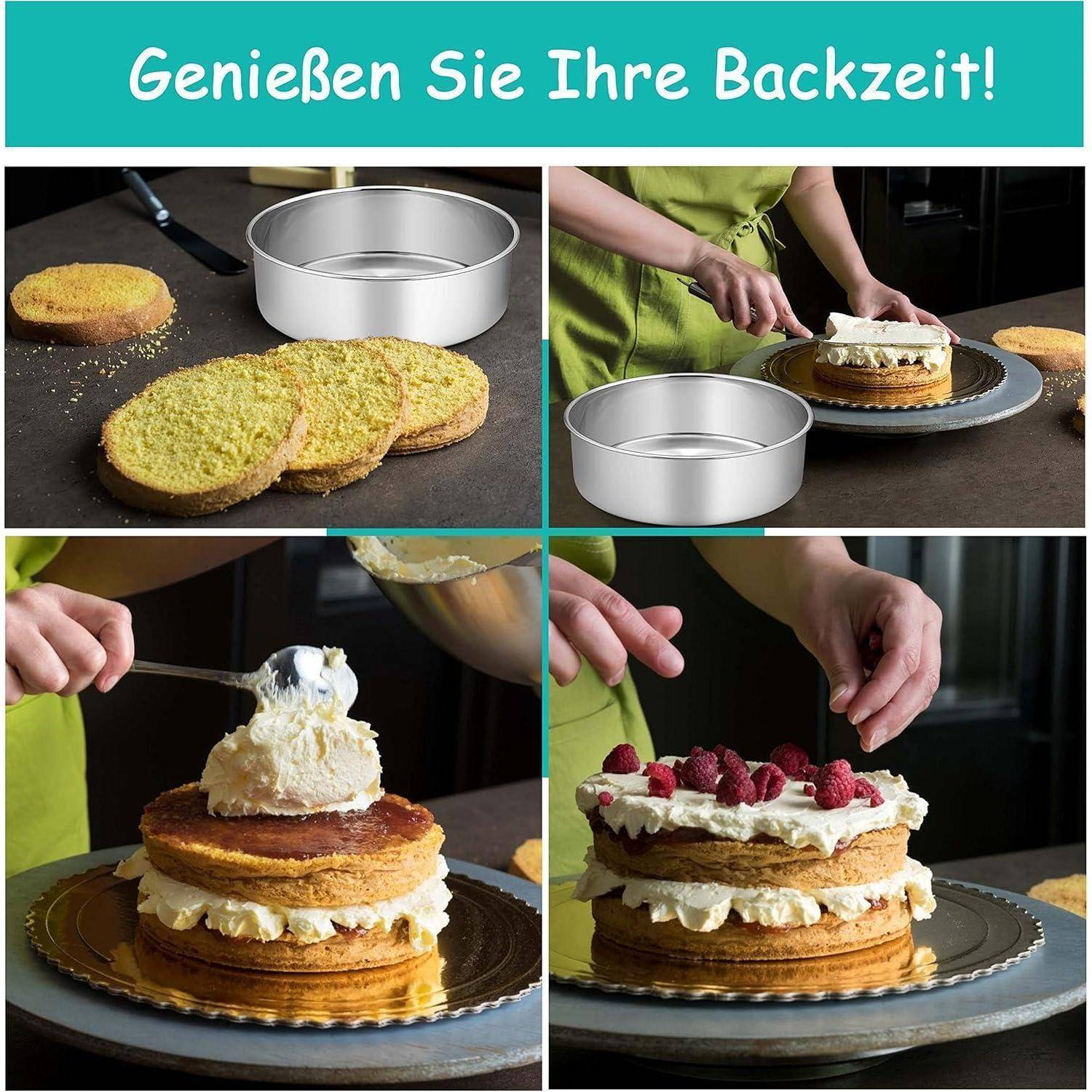 Eine Vier-Schritt-Collage einer Person, die eine Torte mit Sahne und Himbeeren zusammenbaut, mit dem Text 'Genießen Sie Ihre Backzeit!