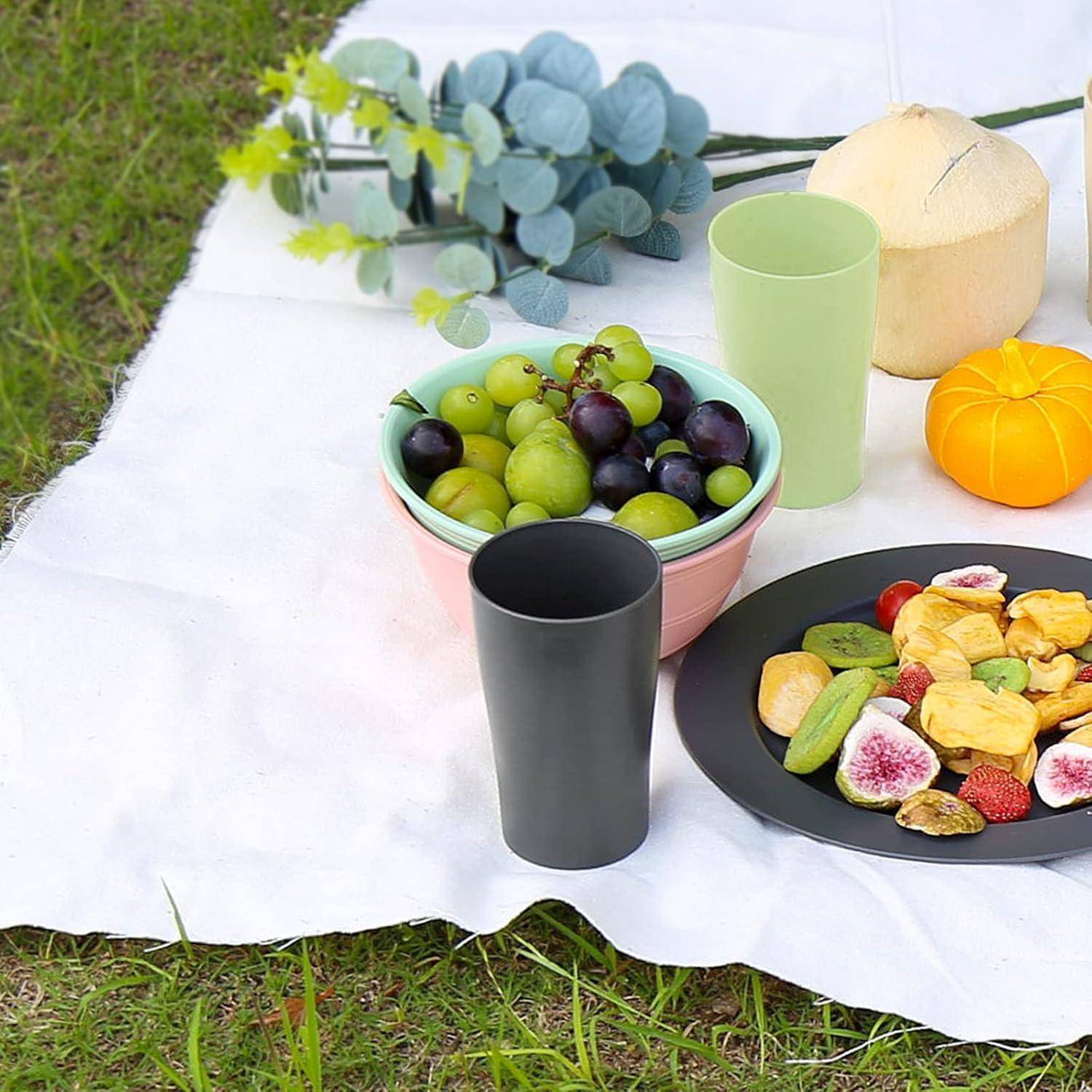 Eine Picknick-Szene mit Obst: Trauben, Pflaumen und Feigen in Schalen; einen kleinen Kürbis, eine Kokosnuss und Getränke auf einer weißen Decke im Freien.