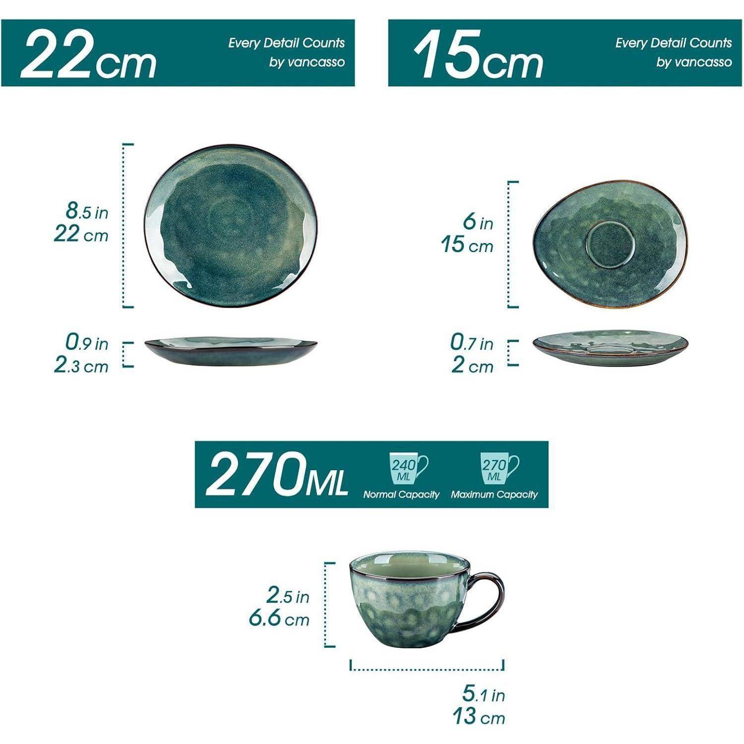 Ein Bild mit einem 22 cm Teller, einem 15 cm Teller und einer 270 ml Tasse mit markierten Abmessungen. Bildunterschrift: „Jedes Detail zählt von vancasso