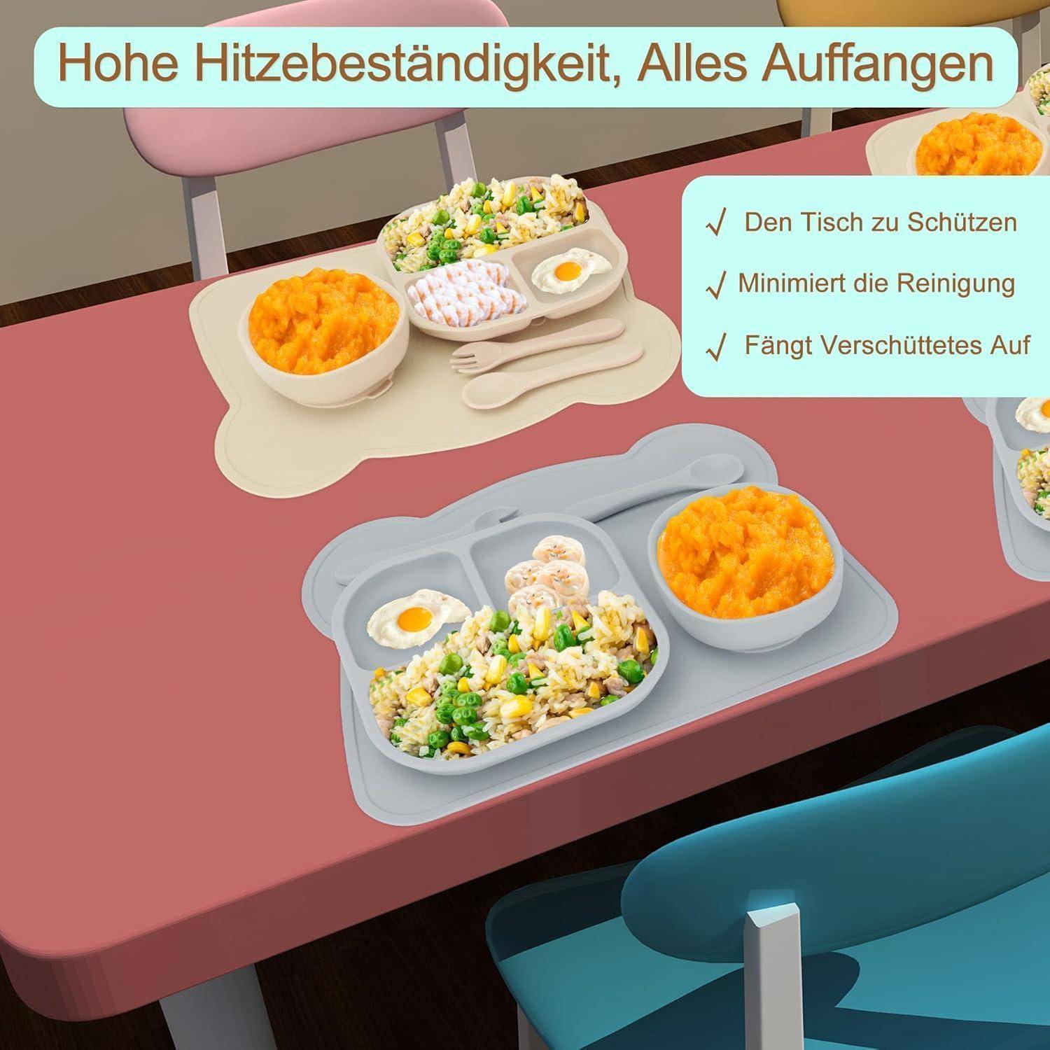 Platzset Kinder Bär Silikon abwaschbar rutschfest Beige Silbergrau